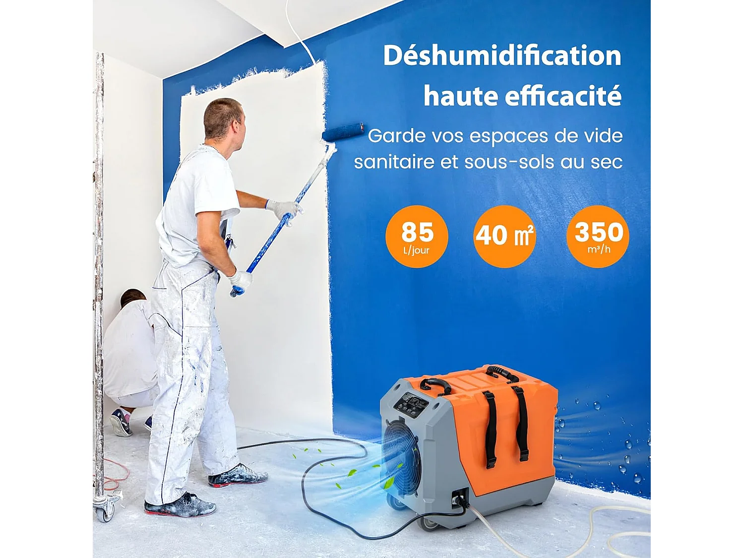 Déshumidificateur Commercial 85L/Jour, avec Pompe et Tuyau de Vidange Dégivrage Automatique 2 Roues et Poignée Rétractable