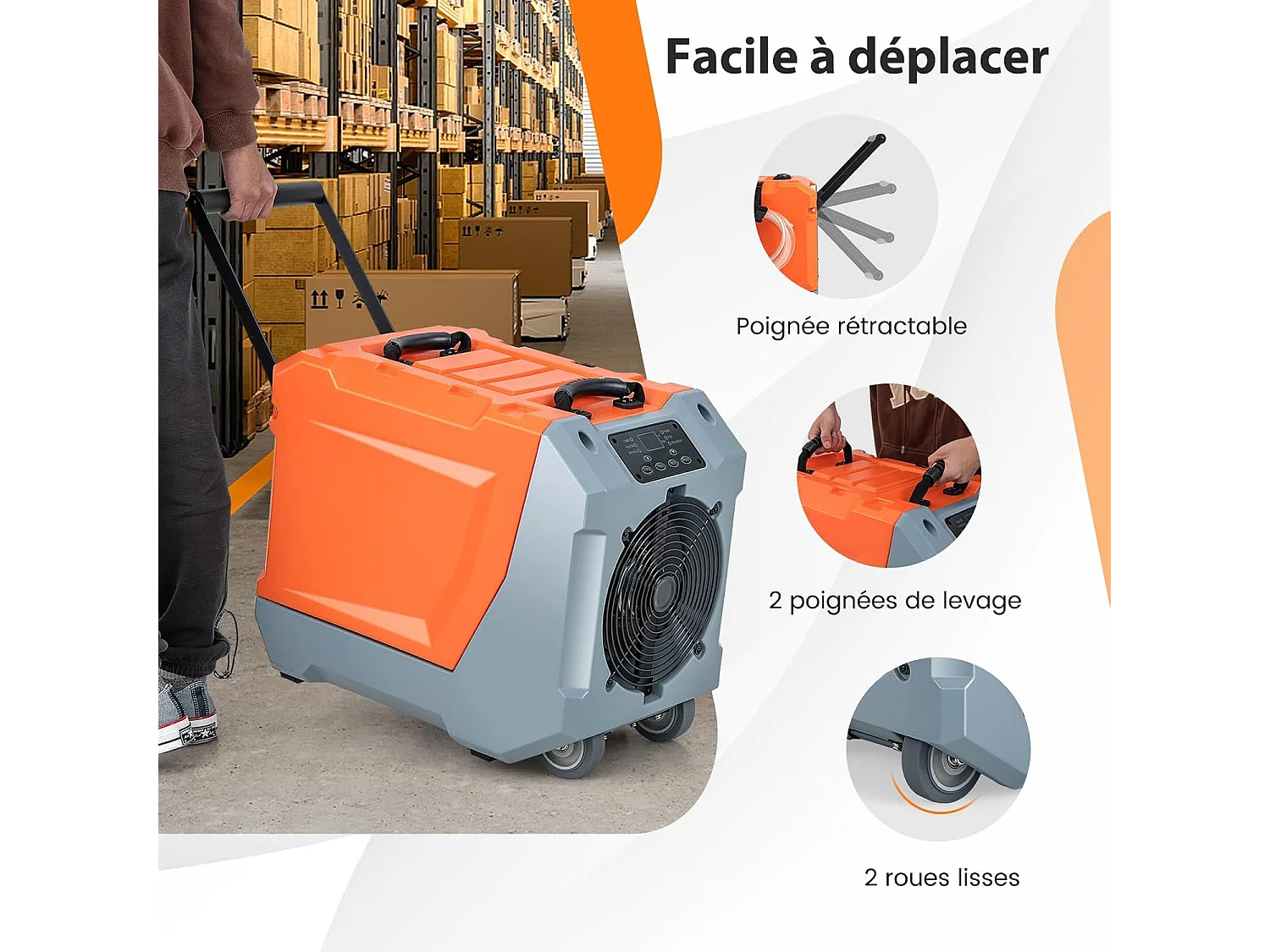 Déshumidificateur Commercial 85L/Jour, avec Pompe et Tuyau de Vidange Dégivrage Automatique 2 Roues et Poignée Rétractable