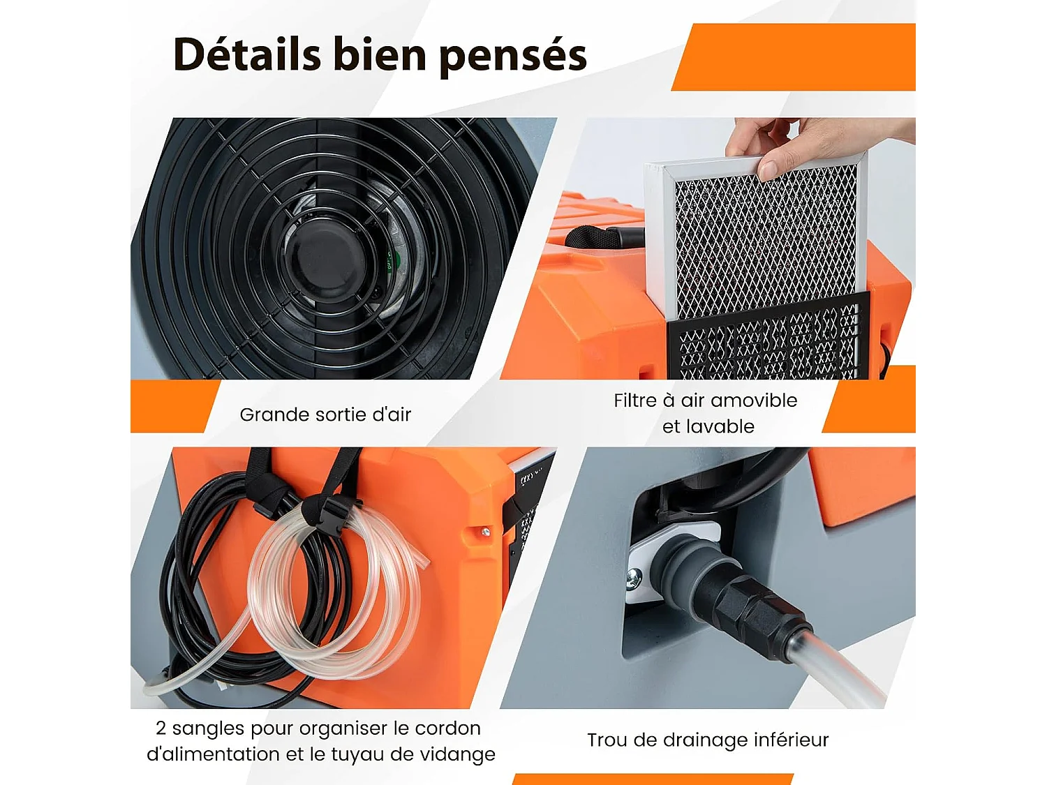 Déshumidificateur Commercial 85L/Jour, avec Pompe et Tuyau de Vidange Dégivrage Automatique 2 Roues et Poignée Rétractable