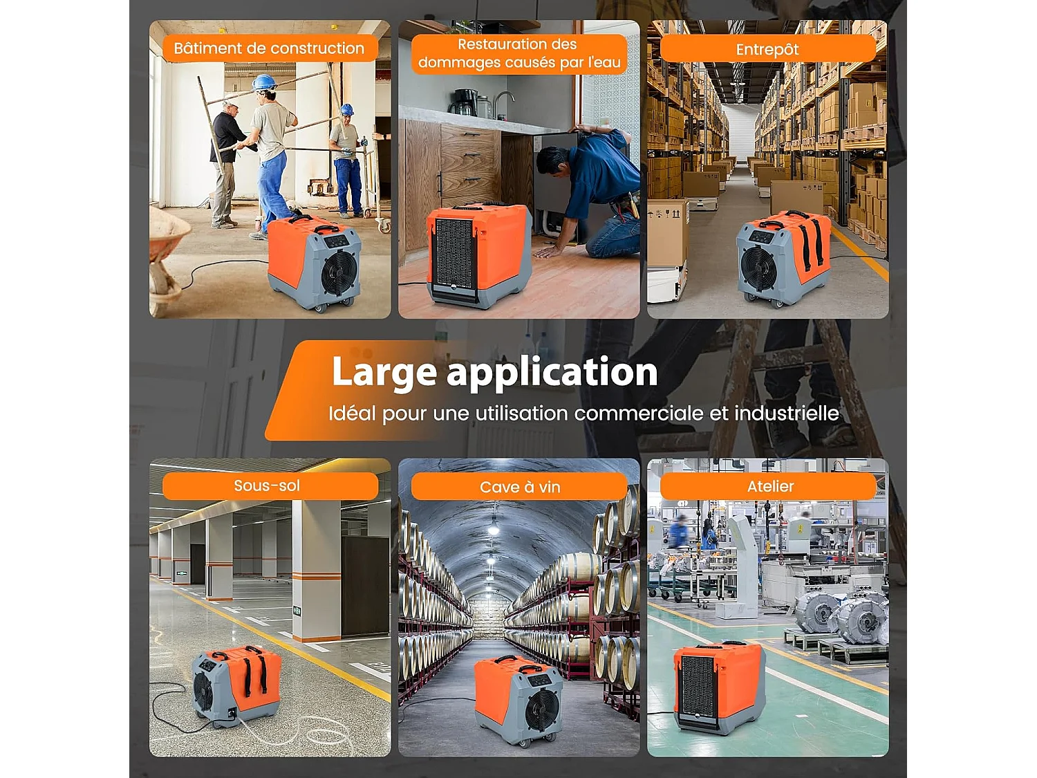 Déshumidificateur Commercial 85L/Jour, avec Pompe et Tuyau de Vidange Dégivrage Automatique 2 Roues et Poignée Rétractable