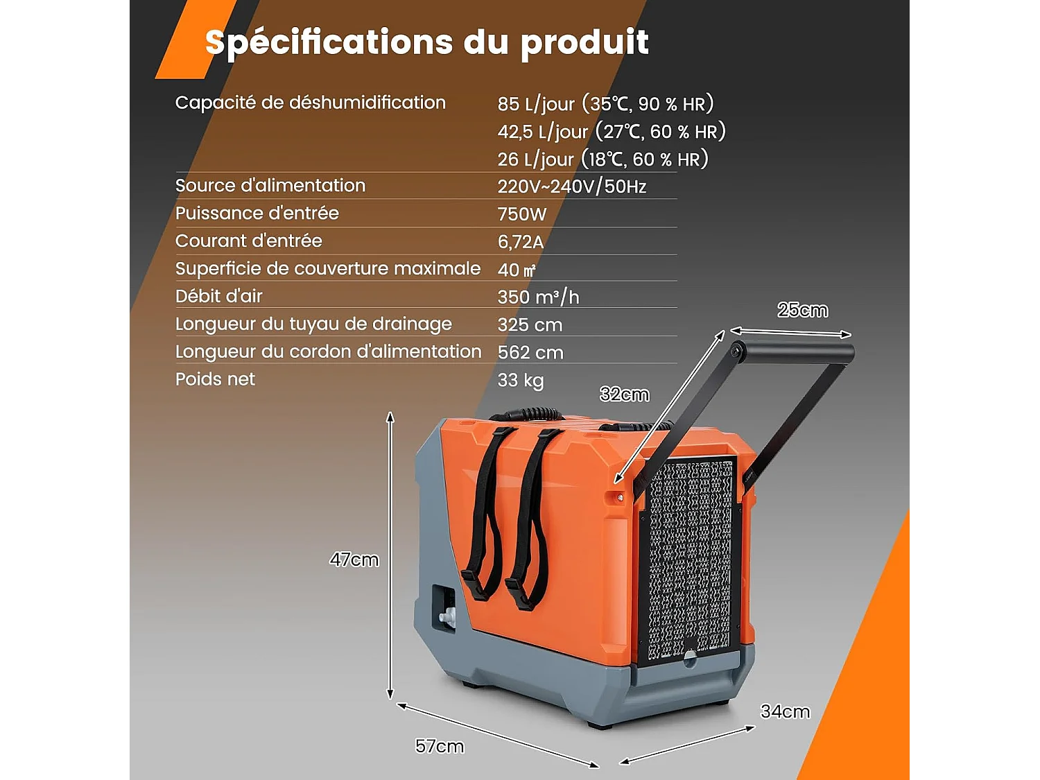 Déshumidificateur Commercial 85L/Jour, avec Pompe et Tuyau de Vidange Dégivrage Automatique 2 Roues et Poignée Rétractable
