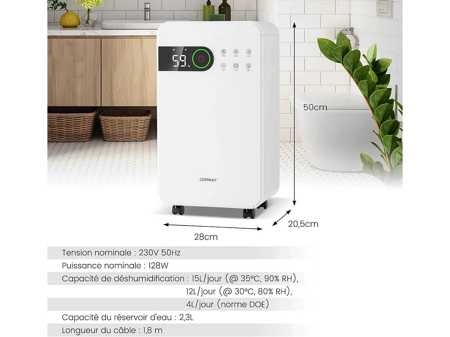 Déshumidificateur Portable 15L/Jour avec Réservoir d'Eau 2L pour jusqu'à 15 m², 2 Vitesses de Ventilation Minuterie 24H 3 Modes 2 façons de Drainage