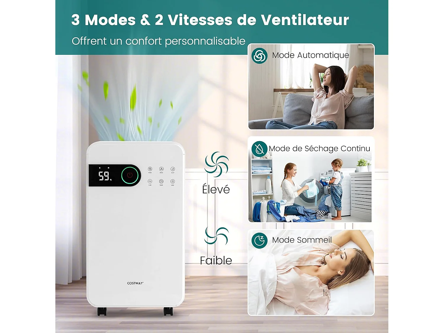 Déshumidificateur Portable 15L/Jour avec Réservoir d'Eau 2L pour jusqu'à 15 m², 2 Vitesses de Ventilation Minuterie 24H 3 Modes 2 façons de Drainage