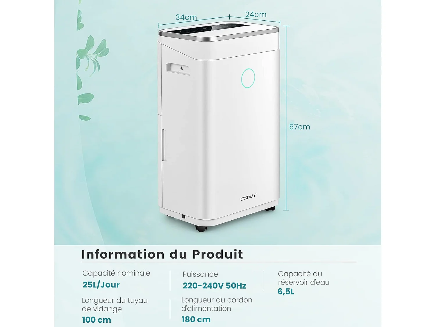 Déshumidificateur 25L/Jour Réservoir d'Eau 6,5L Minuterie 24H 2 Modes 2 Vitesses Dégivrage Automatique Pièces jusqu'à 30 m²