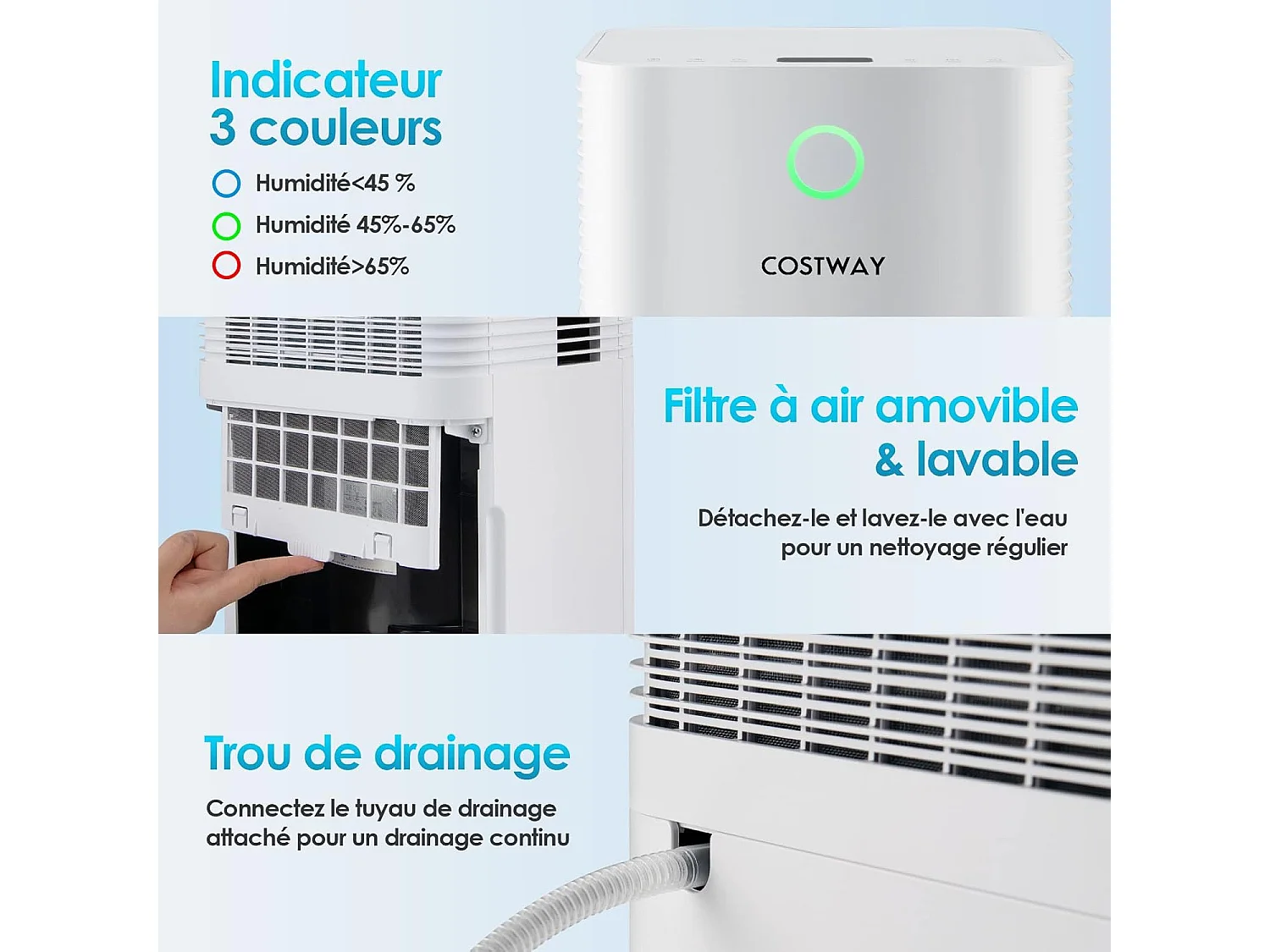 Déshumidificateur 14L/Jour Réservoir d'Eau 2L Minuterie 24H 3 Modes 2 Vitesses Dégivrage Automatique Pièces jusqu'à 15 m²