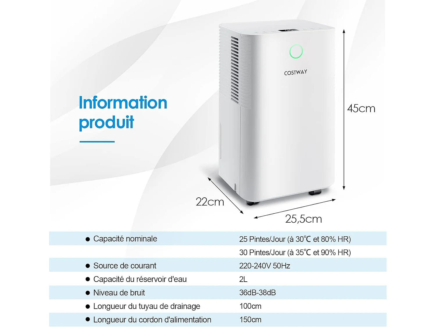 Déshumidificateur 14L/Jour Réservoir d'Eau 2L Minuterie 24H 3 Modes 2 Vitesses Dégivrage Automatique Pièces jusqu'à 15 m²
