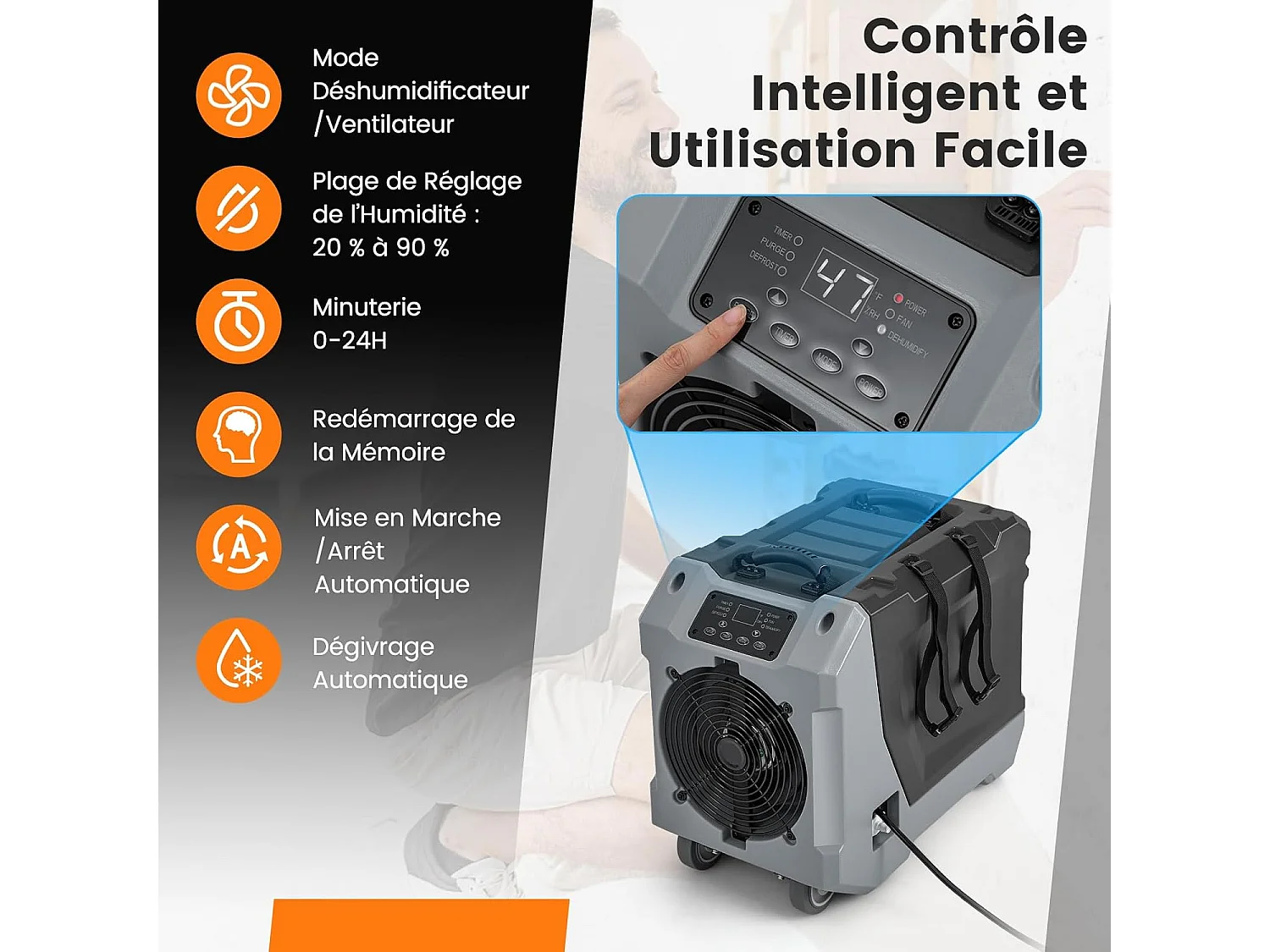 Déshumidificateur Commercial 85L/Jour, Déshumidificateur avec Pompe et Tuyau de Vidange Dégivrage Automatique, 2 Roues et Poignée Rétractable (Noir)