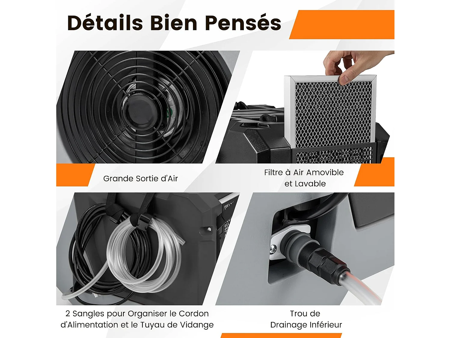 Déshumidificateur Commercial 85L/Jour, Déshumidificateur avec Pompe et Tuyau de Vidange Dégivrage Automatique, 2 Roues et Poignée Rétractable (Noir)