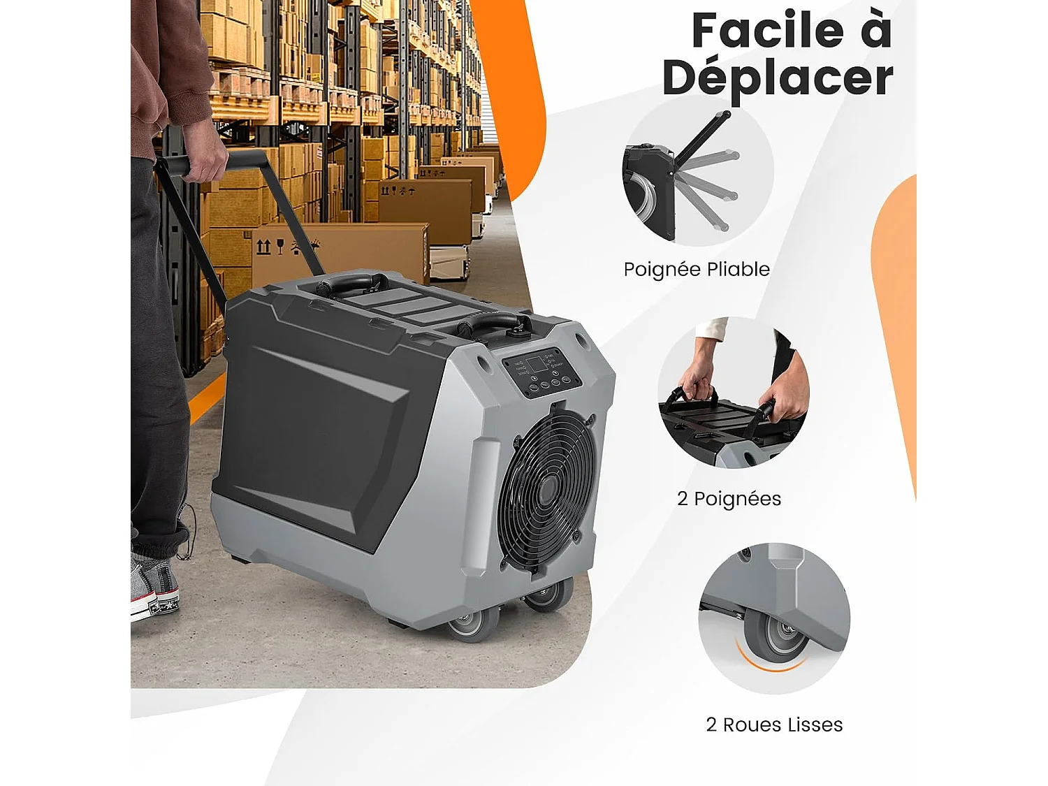 Déshumidificateur Commercial 85L/Jour, Déshumidificateur avec Pompe et Tuyau de Vidange Dégivrage Automatique, 2 Roues et Poignée Rétractable (Noir)