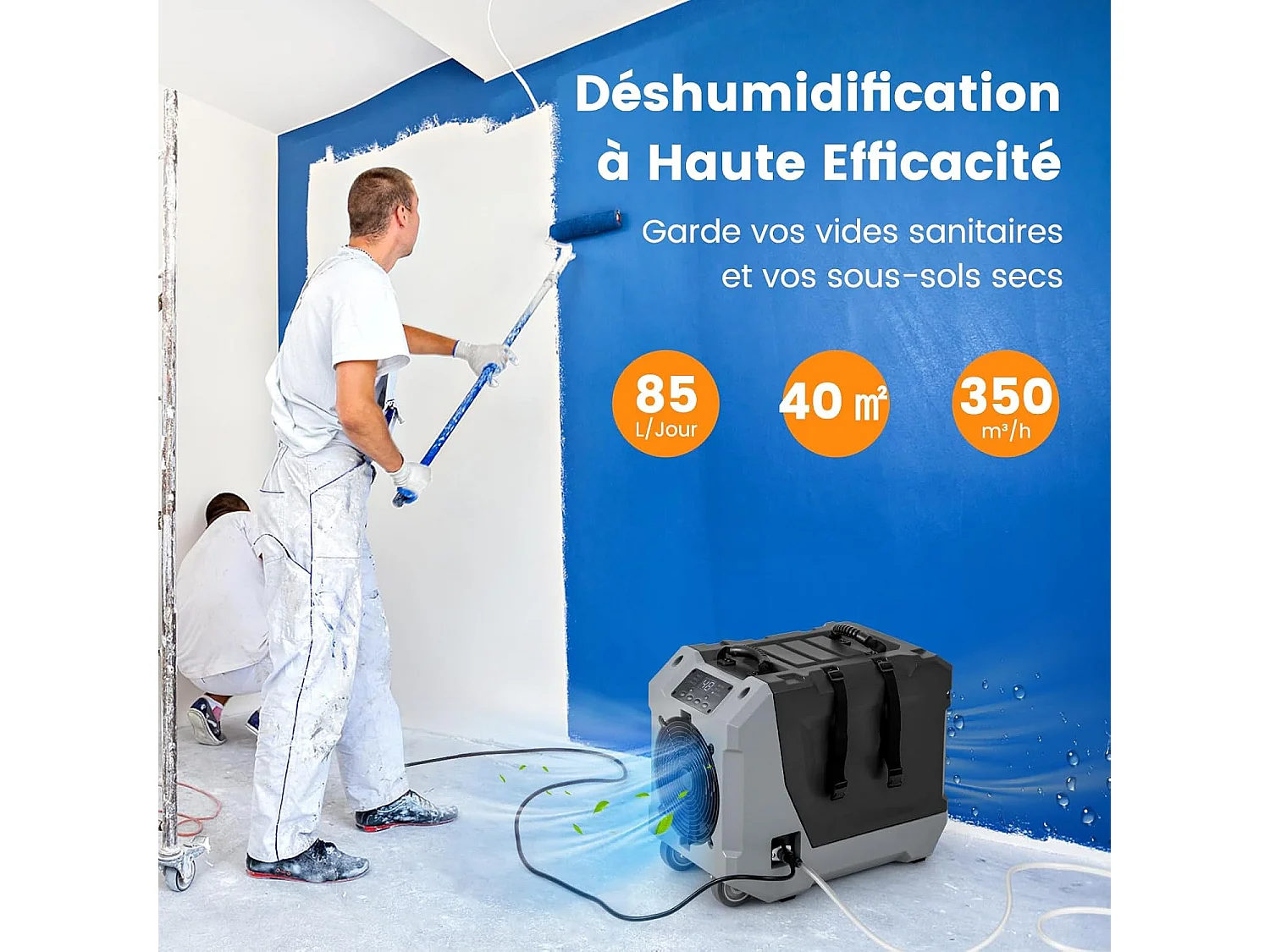 Déshumidificateur Commercial 85L/Jour, Déshumidificateur avec Pompe et Tuyau de Vidange Dégivrage Automatique, 2 Roues et Poignée Rétractable (Noir)