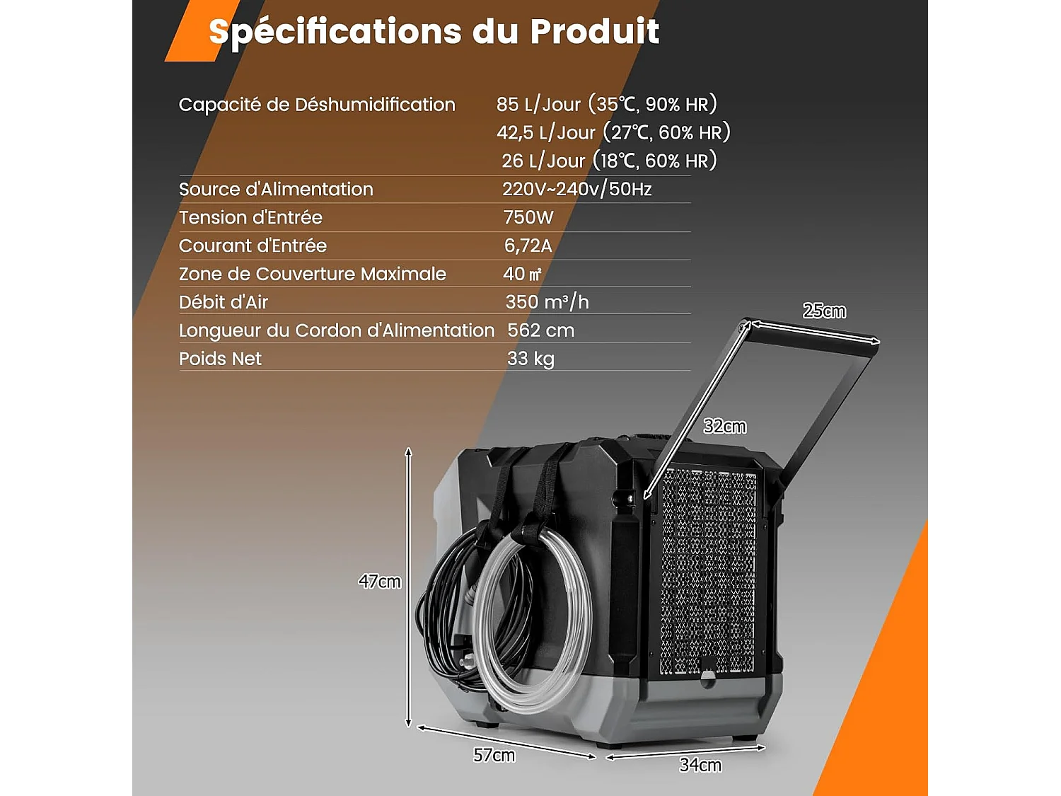 Déshumidificateur Commercial 85L/Jour, Déshumidificateur avec Pompe et Tuyau de Vidange Dégivrage Automatique, 2 Roues et Poignée Rétractable (Noir)