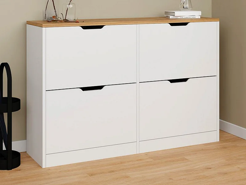 Meuble à chaussures avec 4 compartiments abattants - Blanc et naturel - LOTULA