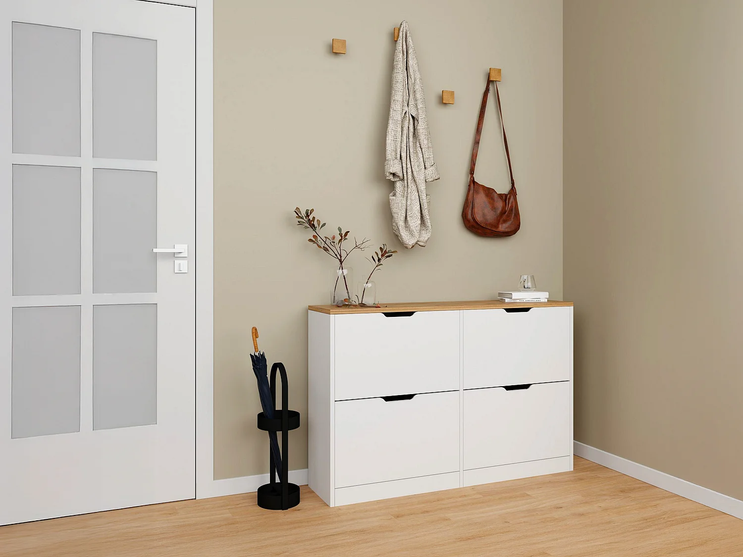 Móvel para sapatos com 4 compartimentos basculantes - Branco e natural - LOTULA