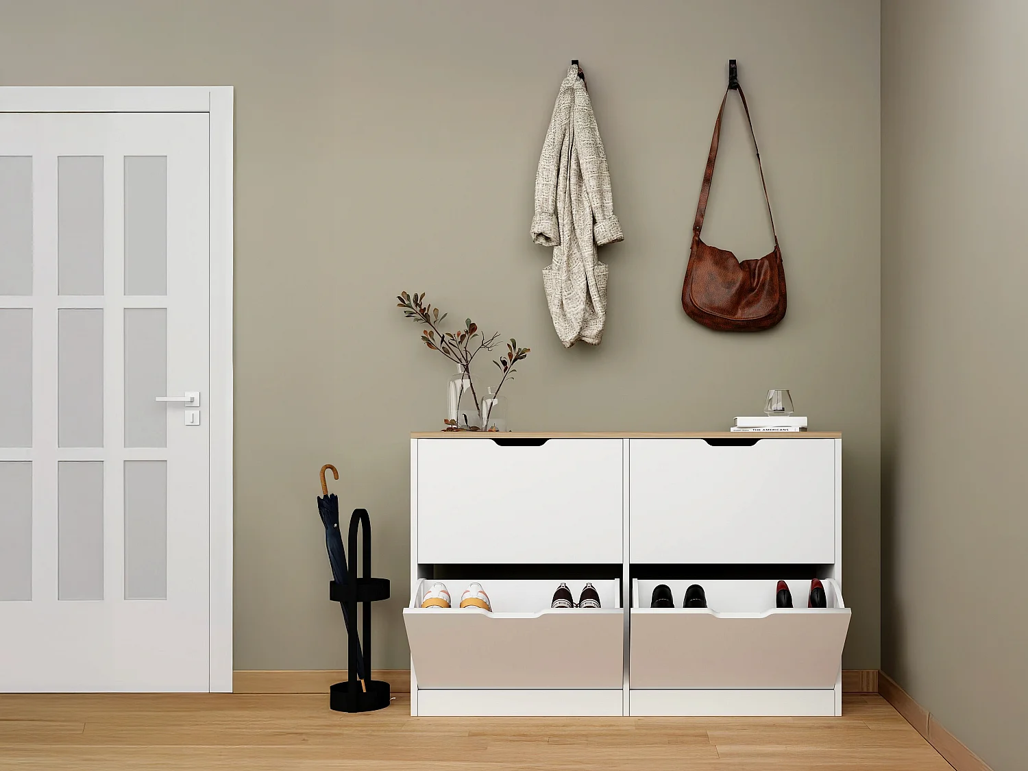 Meuble à chaussures avec 4 compartiments abattants - Blanc et naturel - LOTULA