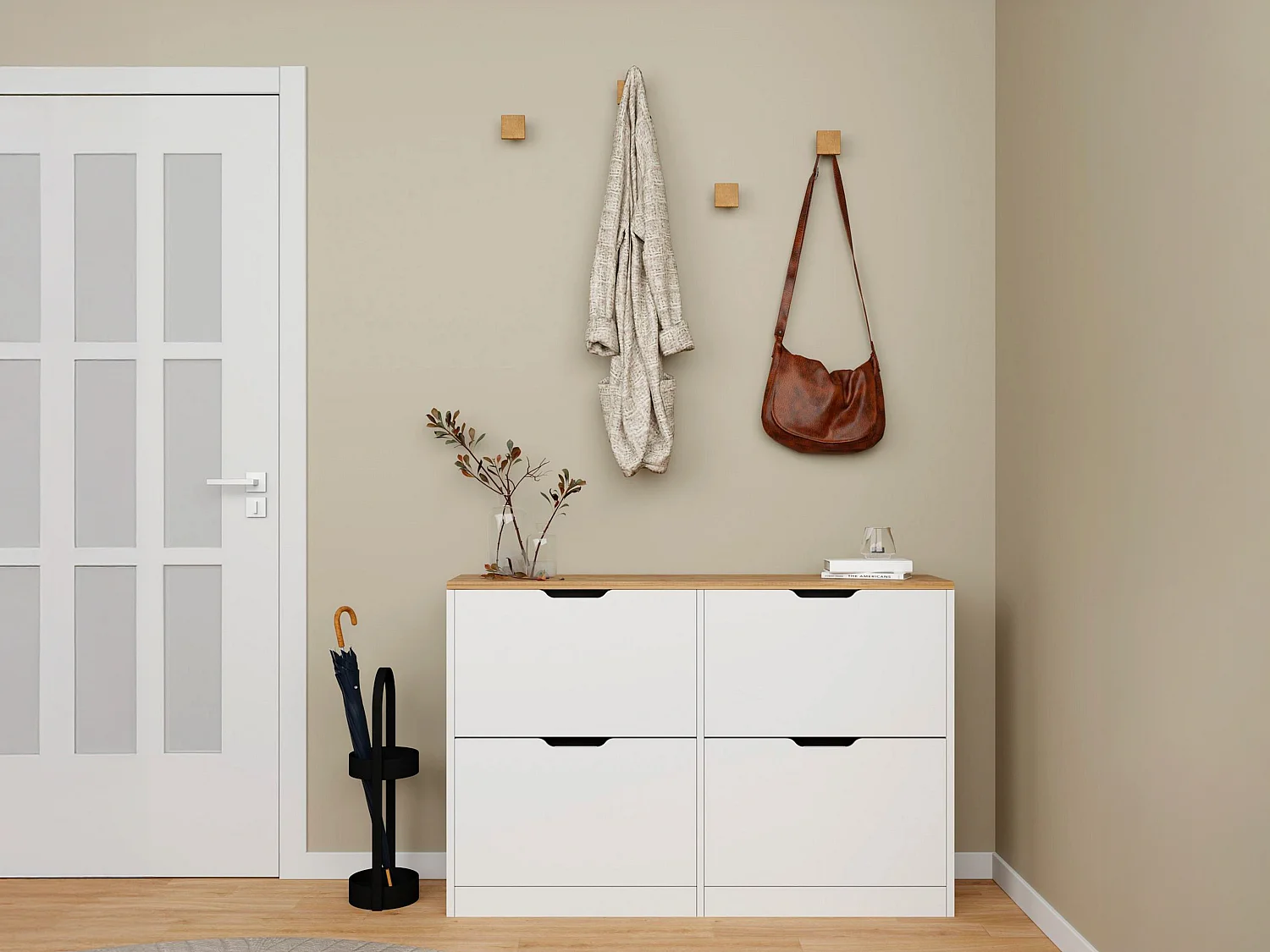 Mueble zapatero con 4 compartimentos abatibles - Blanco y natural - LOTULA