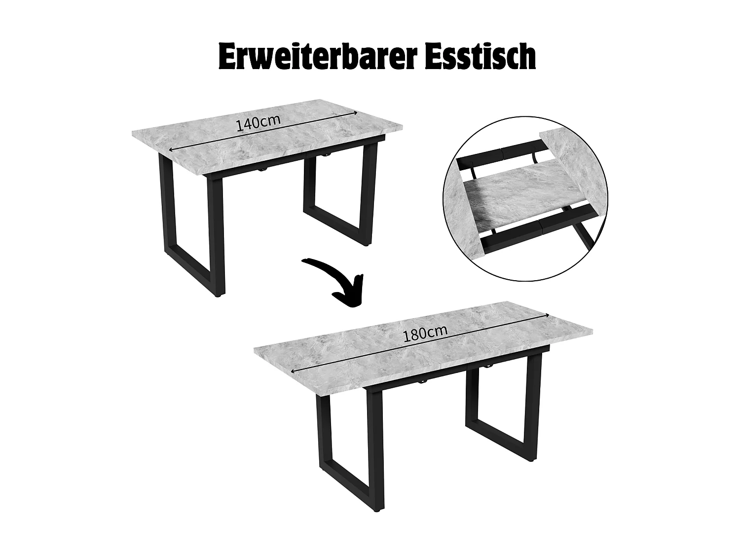 Table à manger extensible 6 à 8 personnes - en style Industriel - Effet béton gris - Panneaux de particules - 140/180x80x75cm