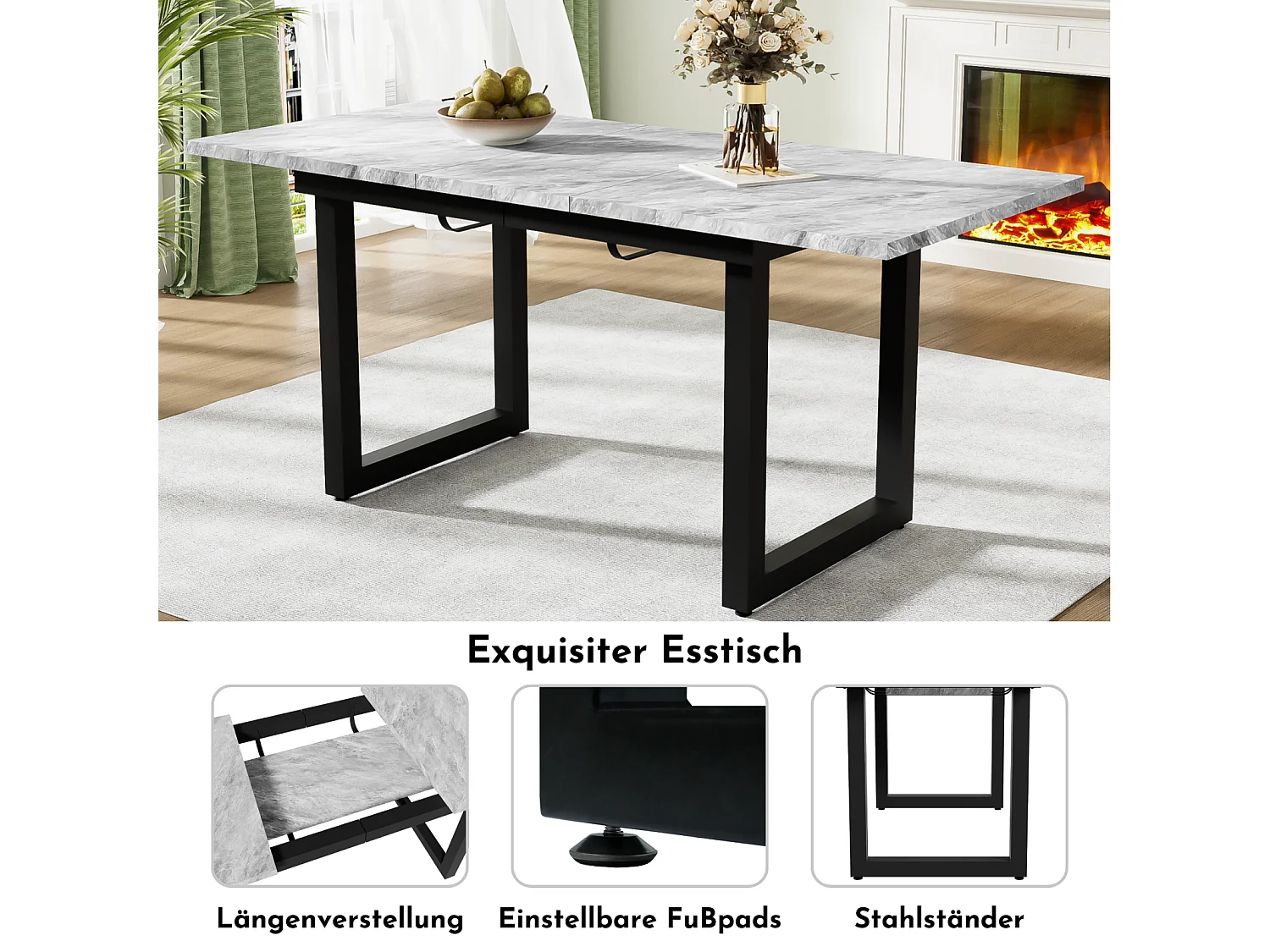 Table à manger extensible 6 à 8 personnes - en style Industriel - Effet béton gris - Panneaux de particules - 140/180x80x75cm