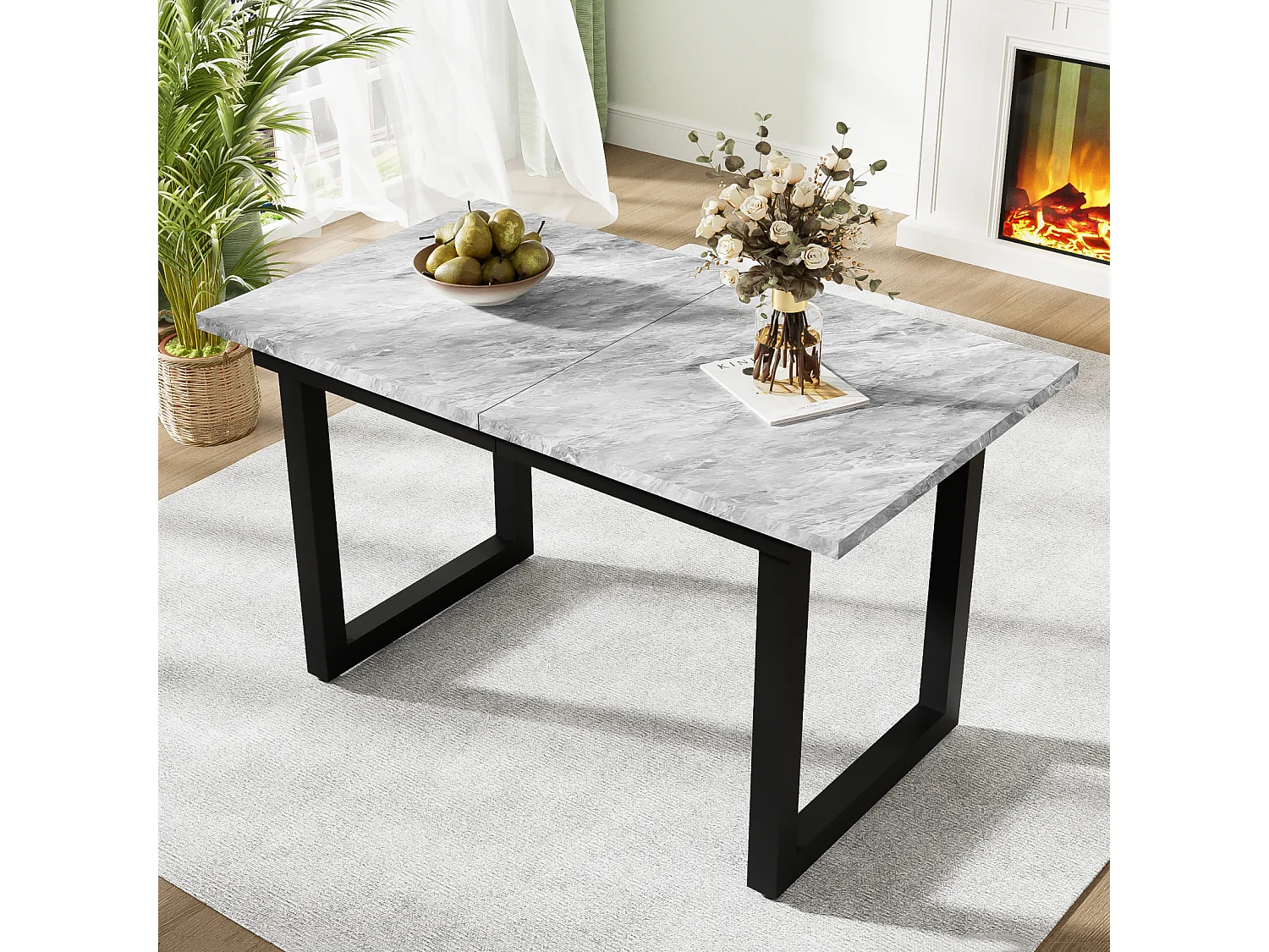 Table à manger extensible 6 à 8 personnes - en style Industriel - Effet béton gris - Panneaux de particules - 140/180x80x75cm