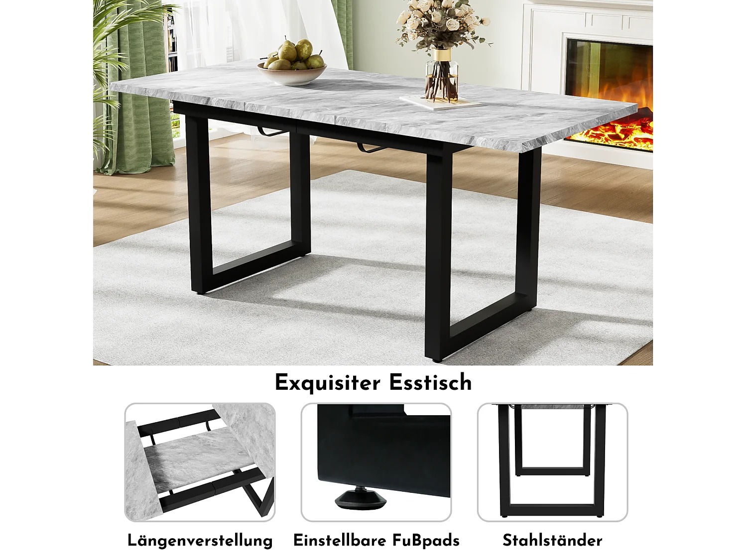 Table à manger extensible 6 à 8 personnes - en style Industriel - Effet béton gris - Panneaux de particules - 140/180x80x75cm