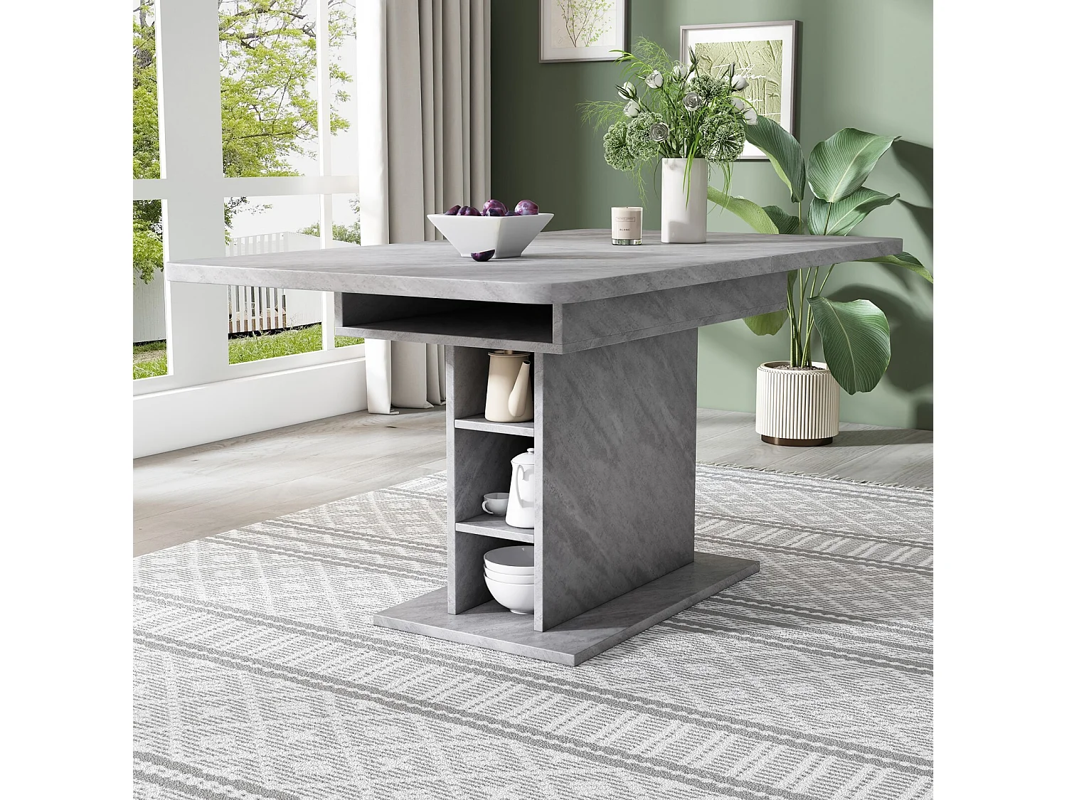 Uitbreidbare eettafel - 6 tot 8 personen - met 6 nissen - grijs betoneffect - deeltjespanelen - 110/130x70cm