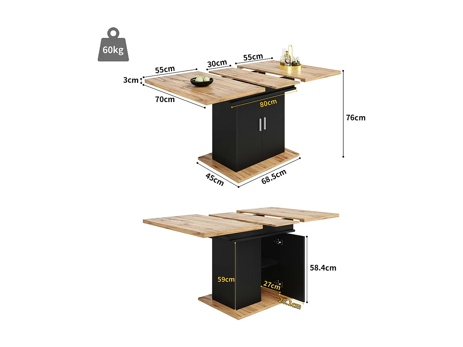 Tavolo da pranzo estendibile da 6 a 8 persone, con scaffale di stoccaggio regolabile, MDF naturale e nero, 110/140x70cm