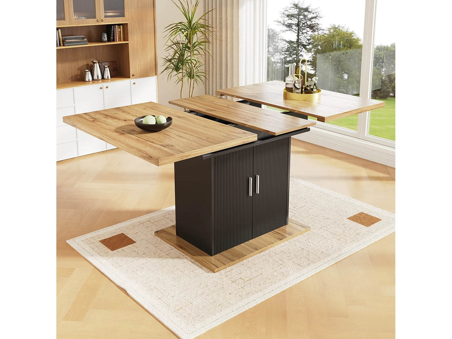 Table à manger extensible 6 à 8 personnes, avec étagère de rangement réglable, MDF Naturel et Noir, 110/140x70cm