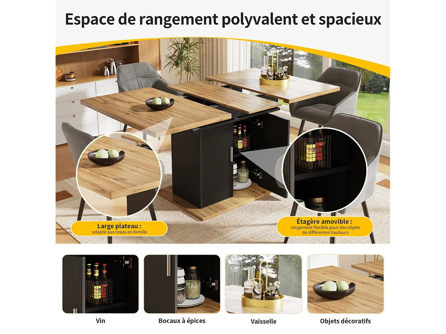 Table à manger extensible 6 à 8 personnes, avec étagère de rangement réglable, MDF Naturel et Noir, 110/140x70cm