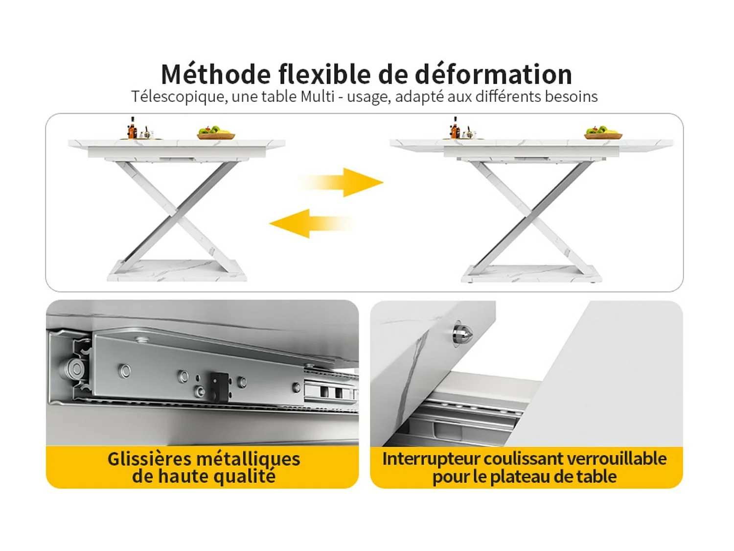 Table à manger extensible - avec sacrums - 6 à 8 personnes - MDF laqué blanc - 118/157×75cm