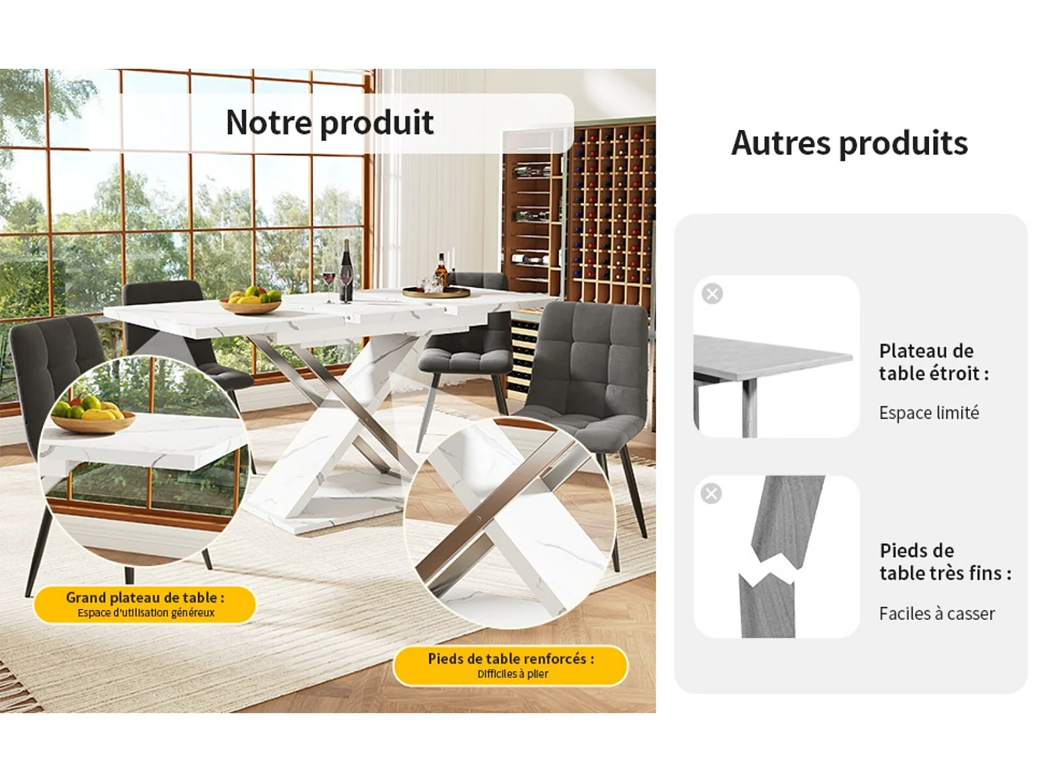 Table à manger extensible - avec sacrums - 6 à 8 personnes - MDF laqué blanc - 118/157×75cm