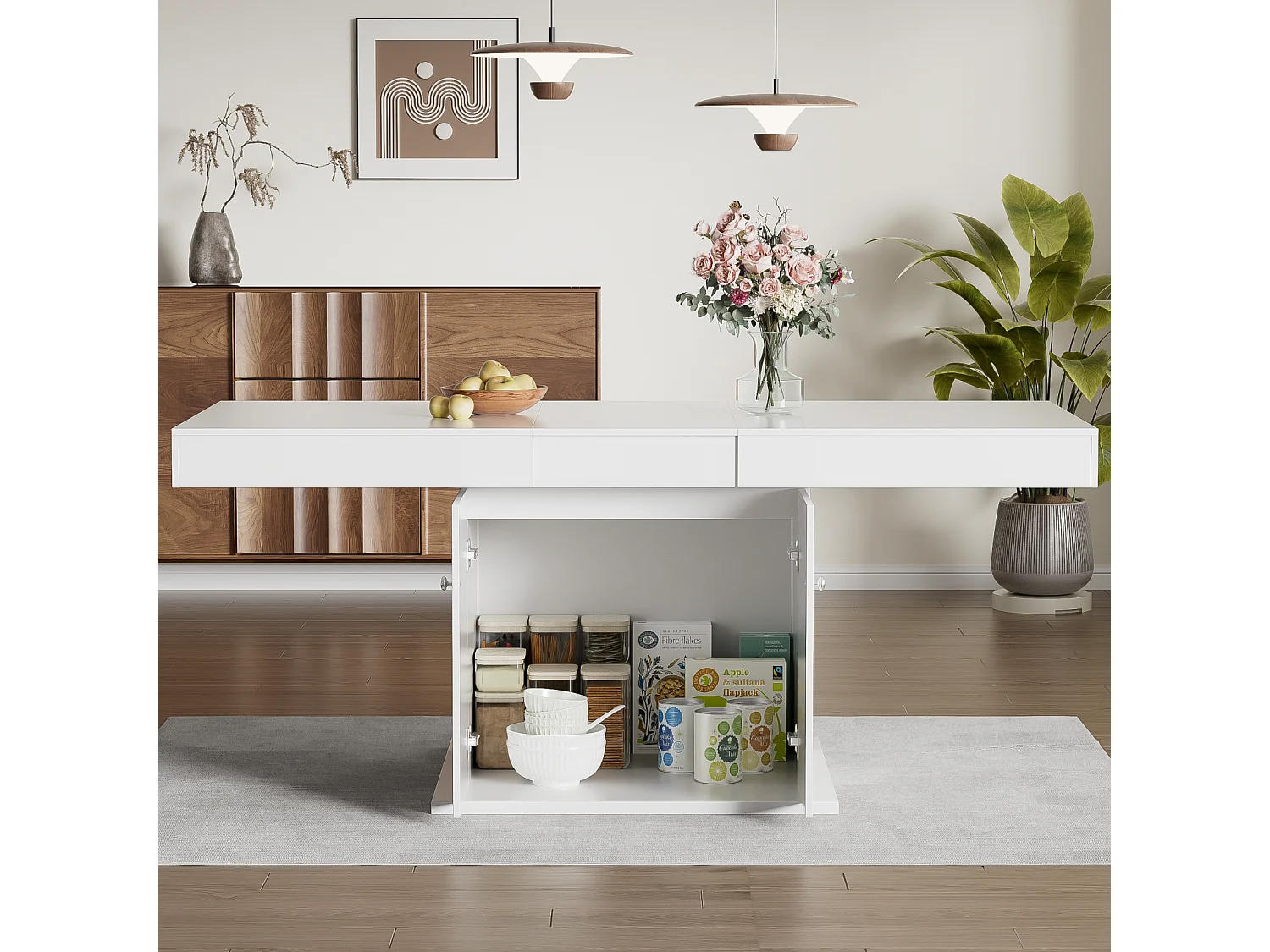 Table à manger extensible - 4 à 8 personnes - avec espace de rangement - panneaux de particules blanc - 140/180x80x76cm