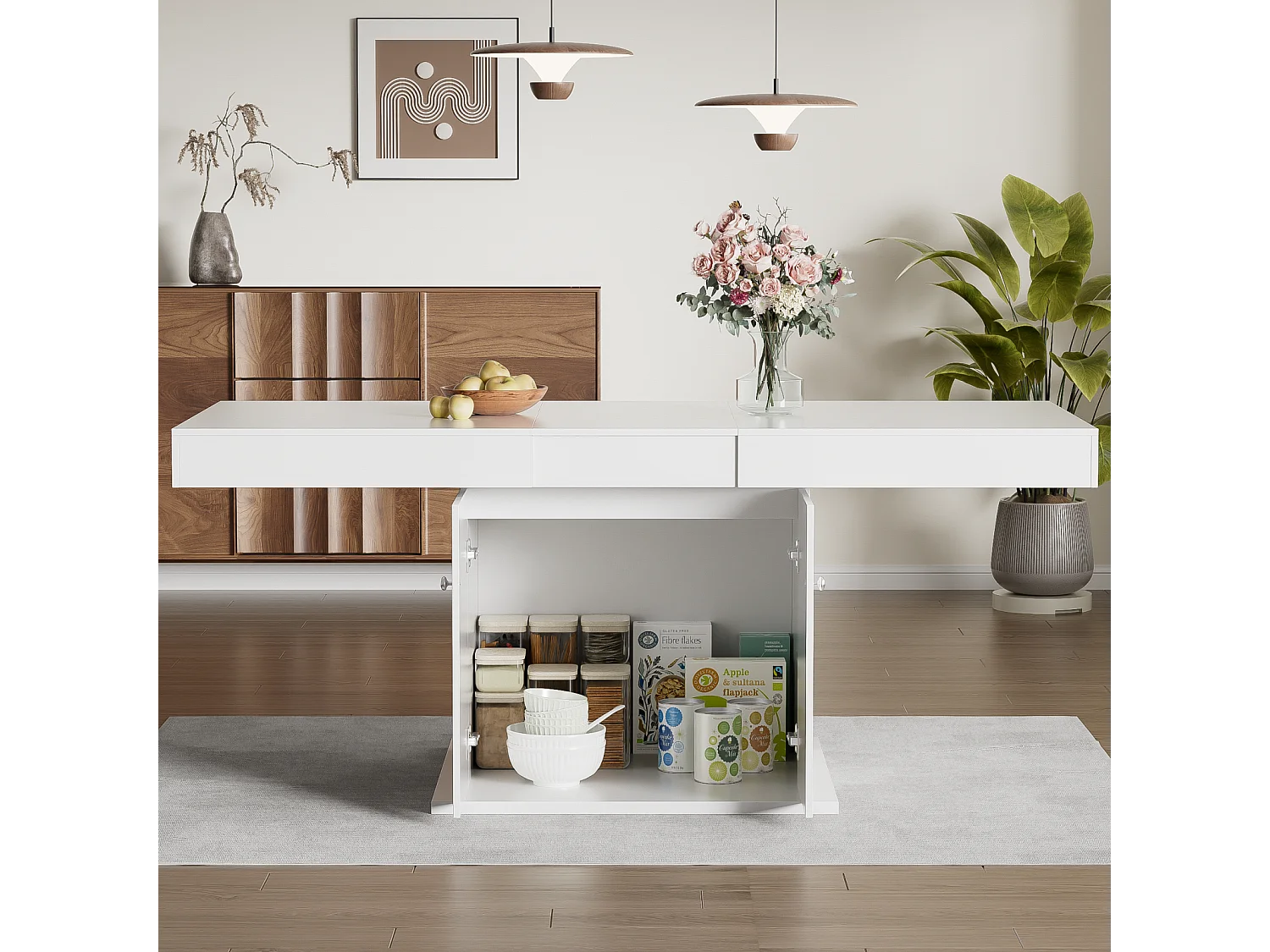 Erweiterbarer Esstisch - 4 bis 8 Personen - mit Speicherplatz - Weiße Partikelscheibe - 140/180x80x76cm