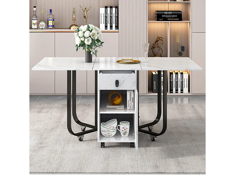 Erweiterbarer und faltbarer Esstisch, Mit Rollen, 1 Tür und 1 Schublade, MDF White Lacked, 150x80x76cm