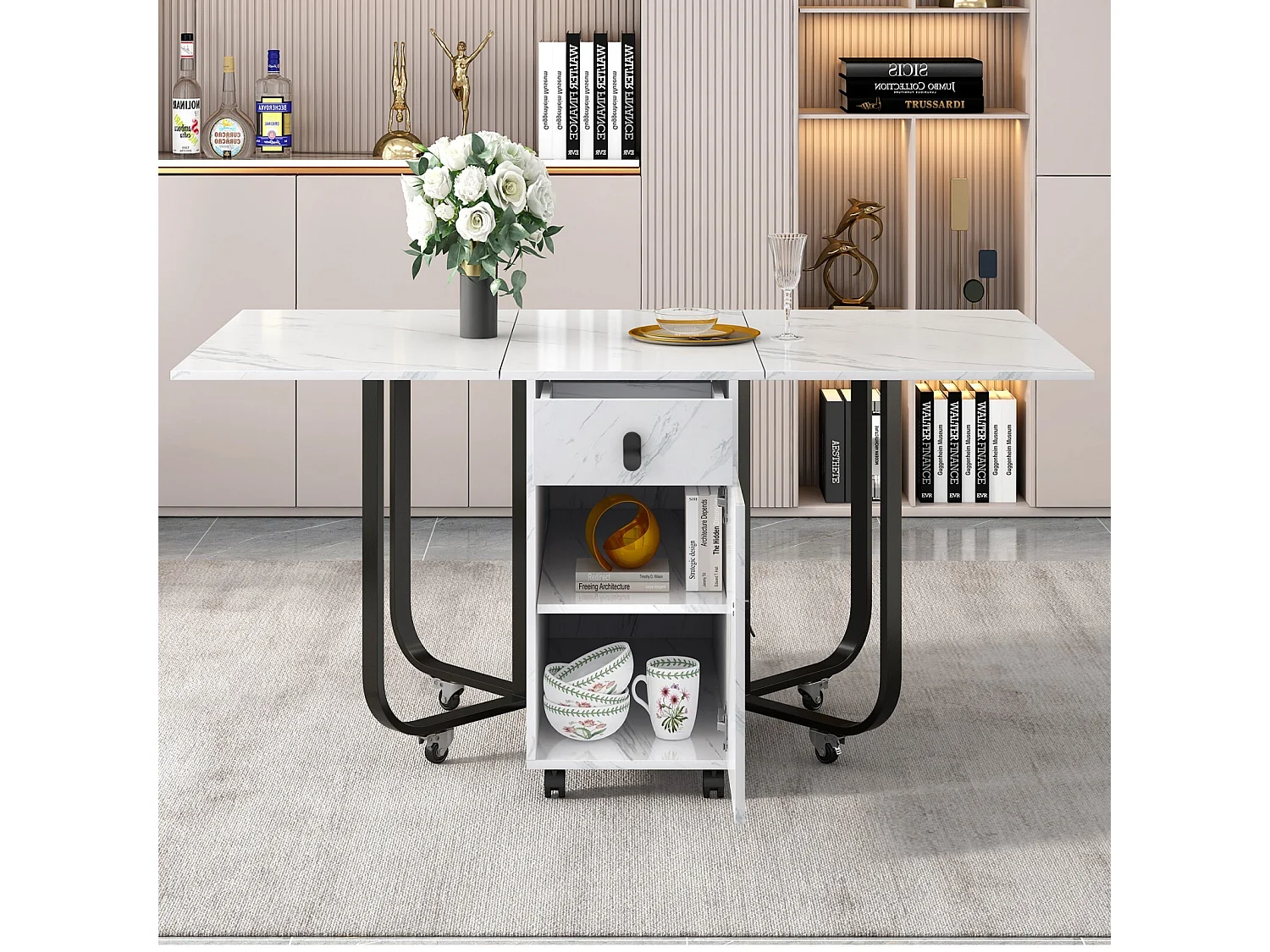 Table à manger extensible et pliable, avec roulettes, 1 porte et 1 tiroir, MDF laqué blanc, 150x80x76cm