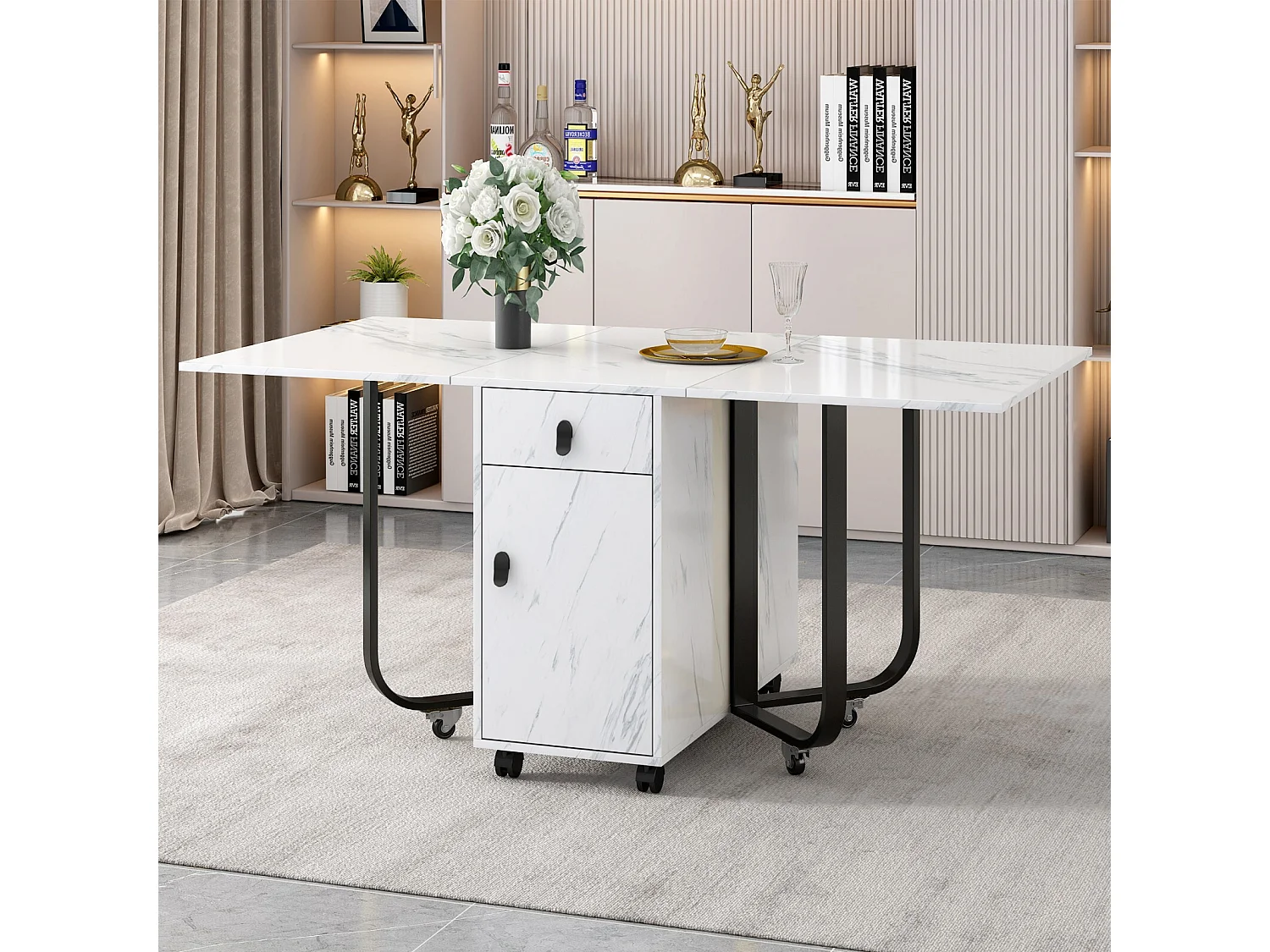 Table à manger extensible et pliable, avec roulettes, 1 porte et 1 tiroir, MDF laqué blanc, 150x80x76cm