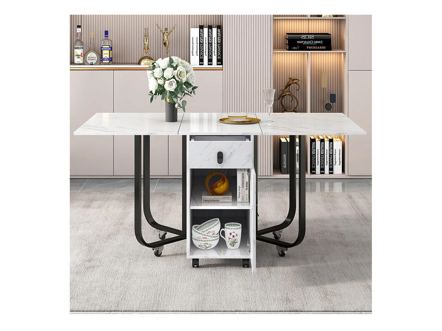 Table à manger extensible et pliable, avec roulettes, 1 porte et 1 tiroir, MDF laqué blanc, 150x80x76cm