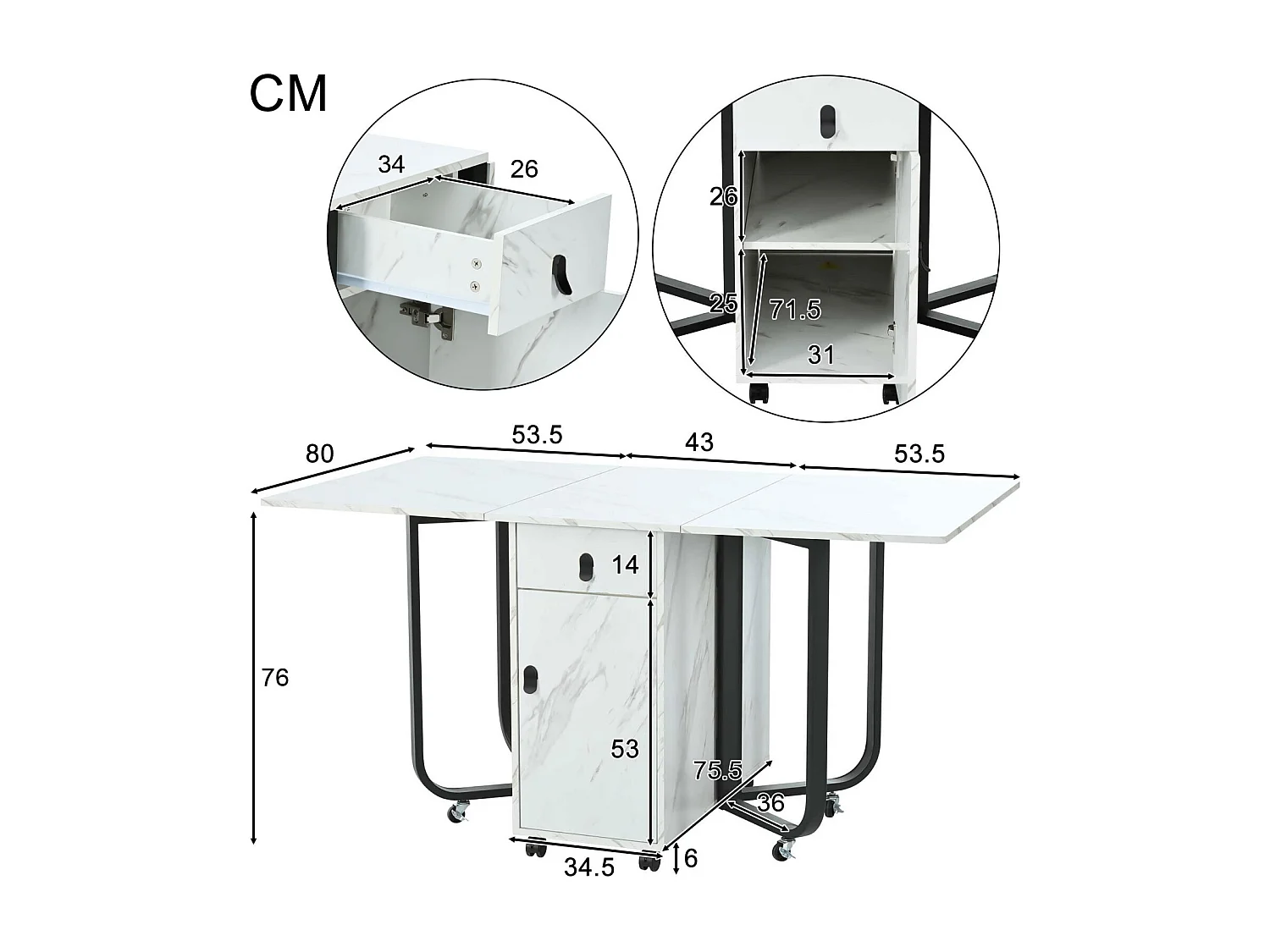 Uitbreidbare en opvouwbare eettafel, met casters, 1 deur en 1 lade, wit gelakt MDF, 150x80x76cm