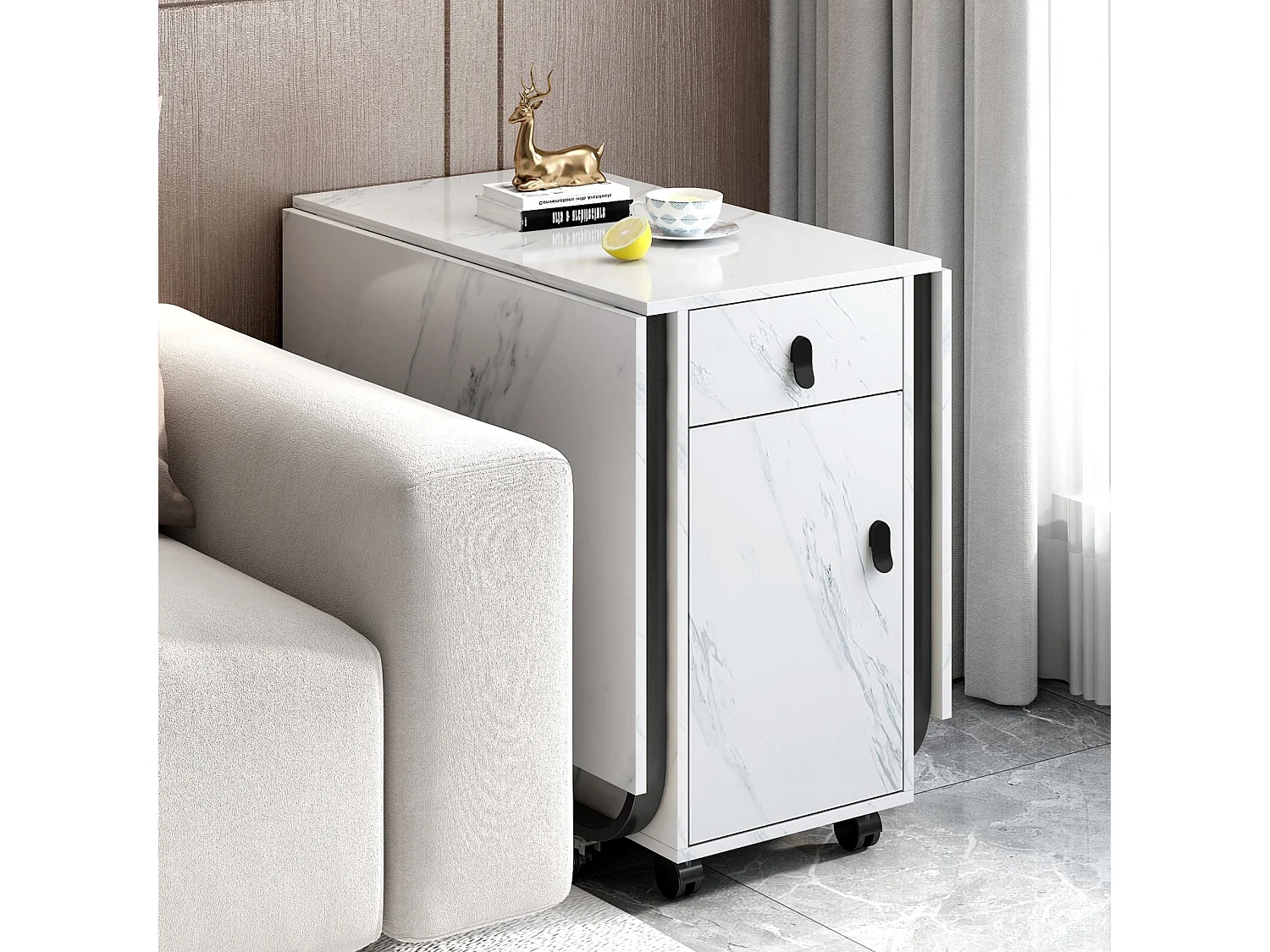 Uitbreidbare en opvouwbare eettafel, met casters, 1 deur en 1 lade, wit gelakt MDF, 150x80x76cm