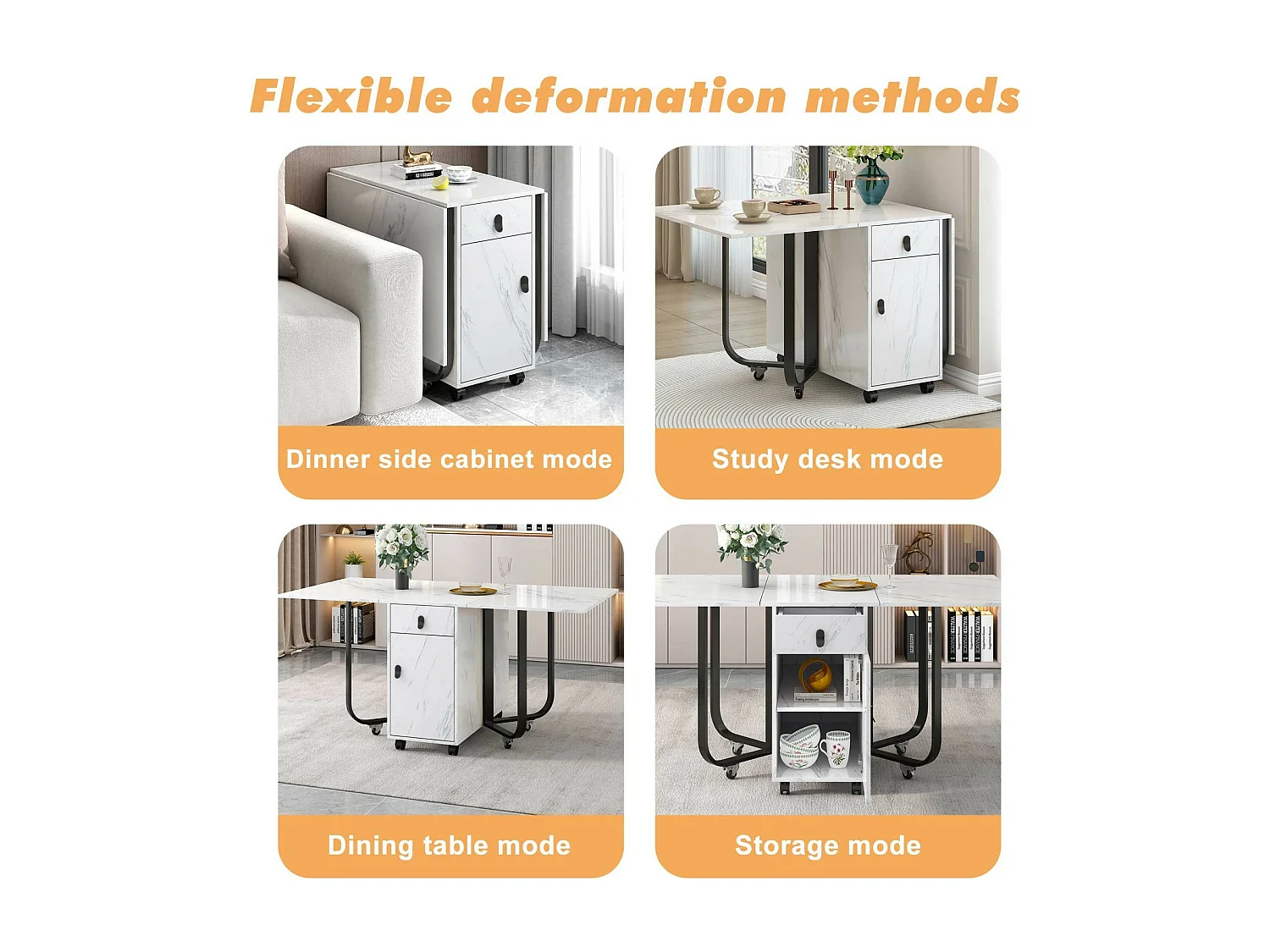 Uitbreidbare en opvouwbare eettafel, met casters, 1 deur en 1 lade, wit gelakt MDF, 150x80x76cm