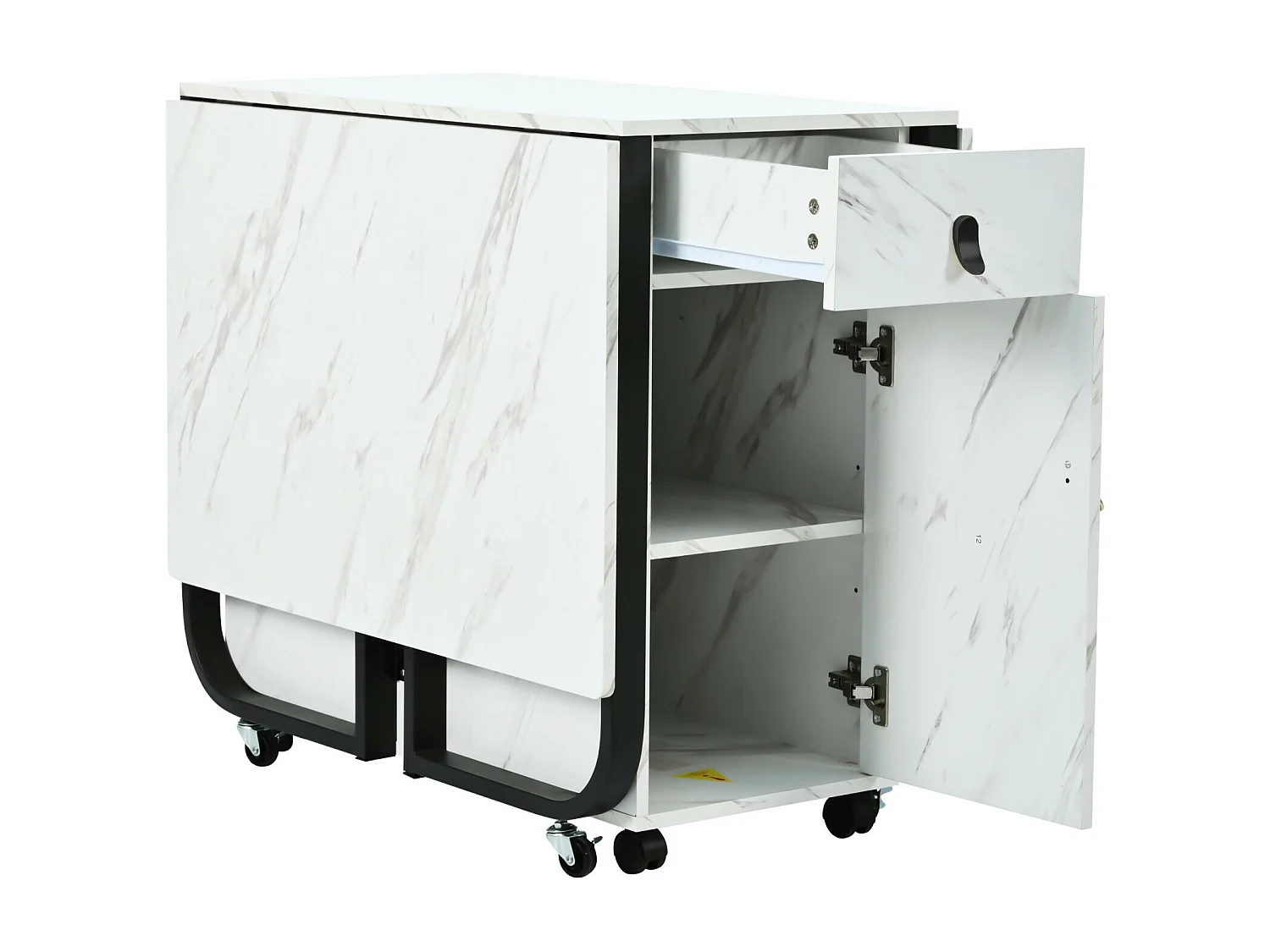 Uitbreidbare en opvouwbare eettafel, met casters, 1 deur en 1 lade, wit gelakt MDF, 150x80x76cm