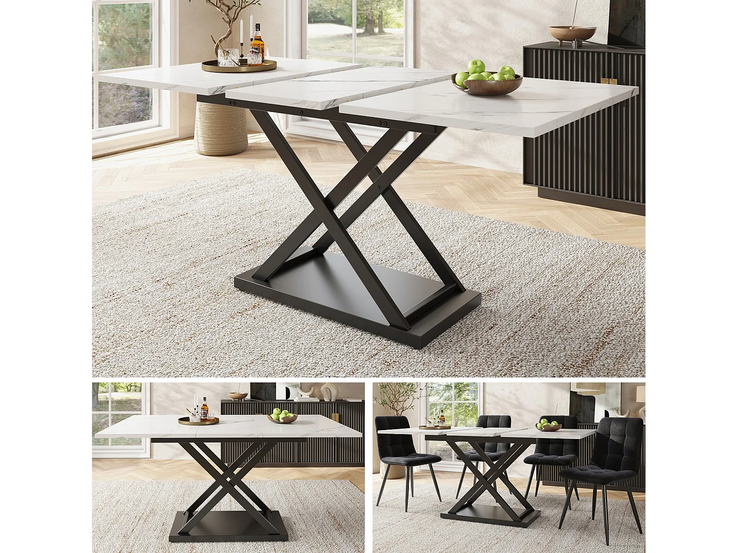 Table à manger extensible - 6 à 8 personnes - Effet marbre blanc - MDF+Metal -120/160x80cm