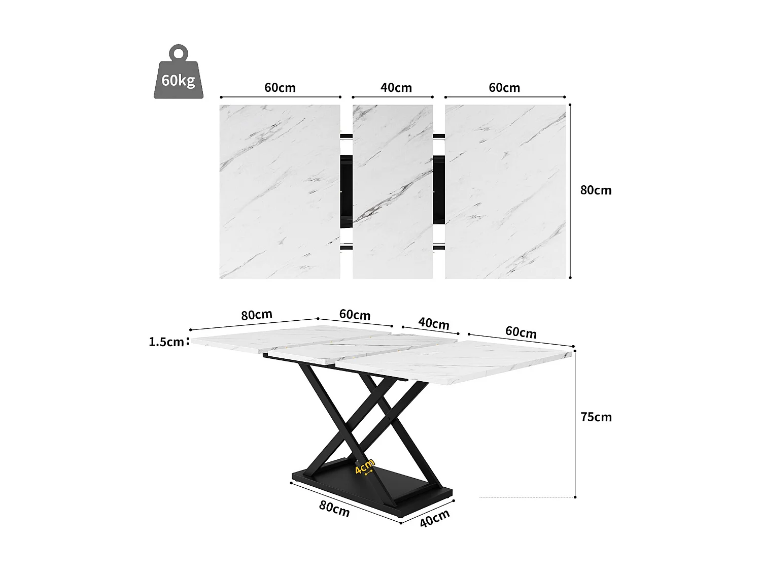 Uitbreidbare eettafel - 6 tot 8 personen - wit marmereffect - MDF+metaal -120/160x80cm