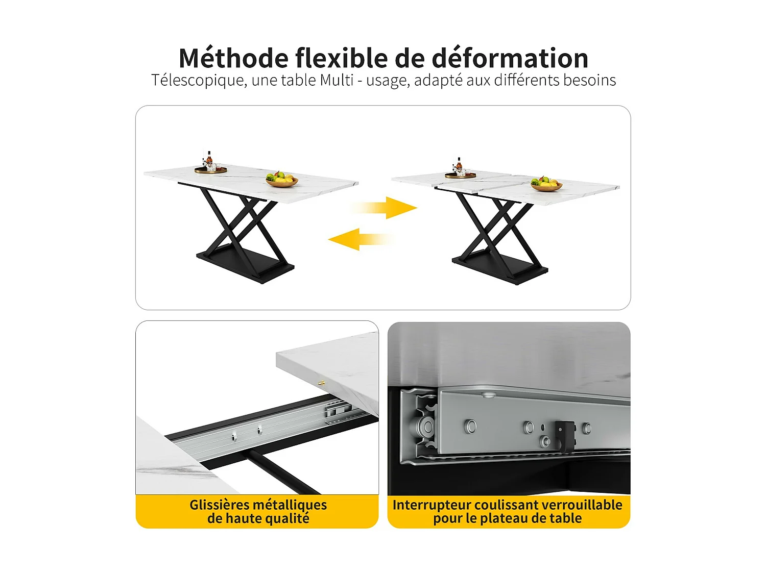 Uitbreidbare eettafel - 6 tot 8 personen - wit marmereffect - MDF+metaal -120/160x80cm