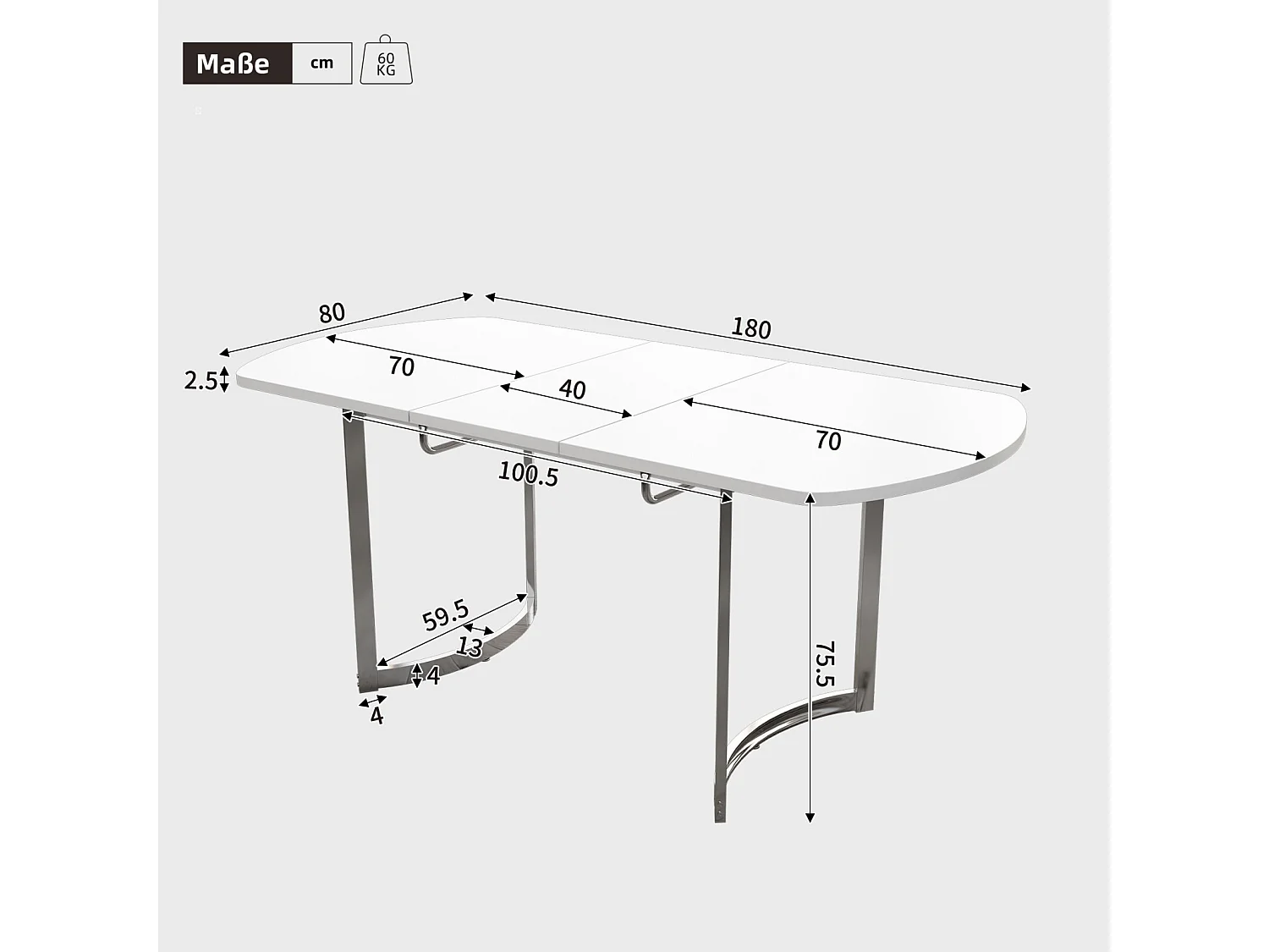 Table à manger extensible 4 à 6 personnes - MDF Laqué Blanc - charge max 60kg - 140/180x80x75cm