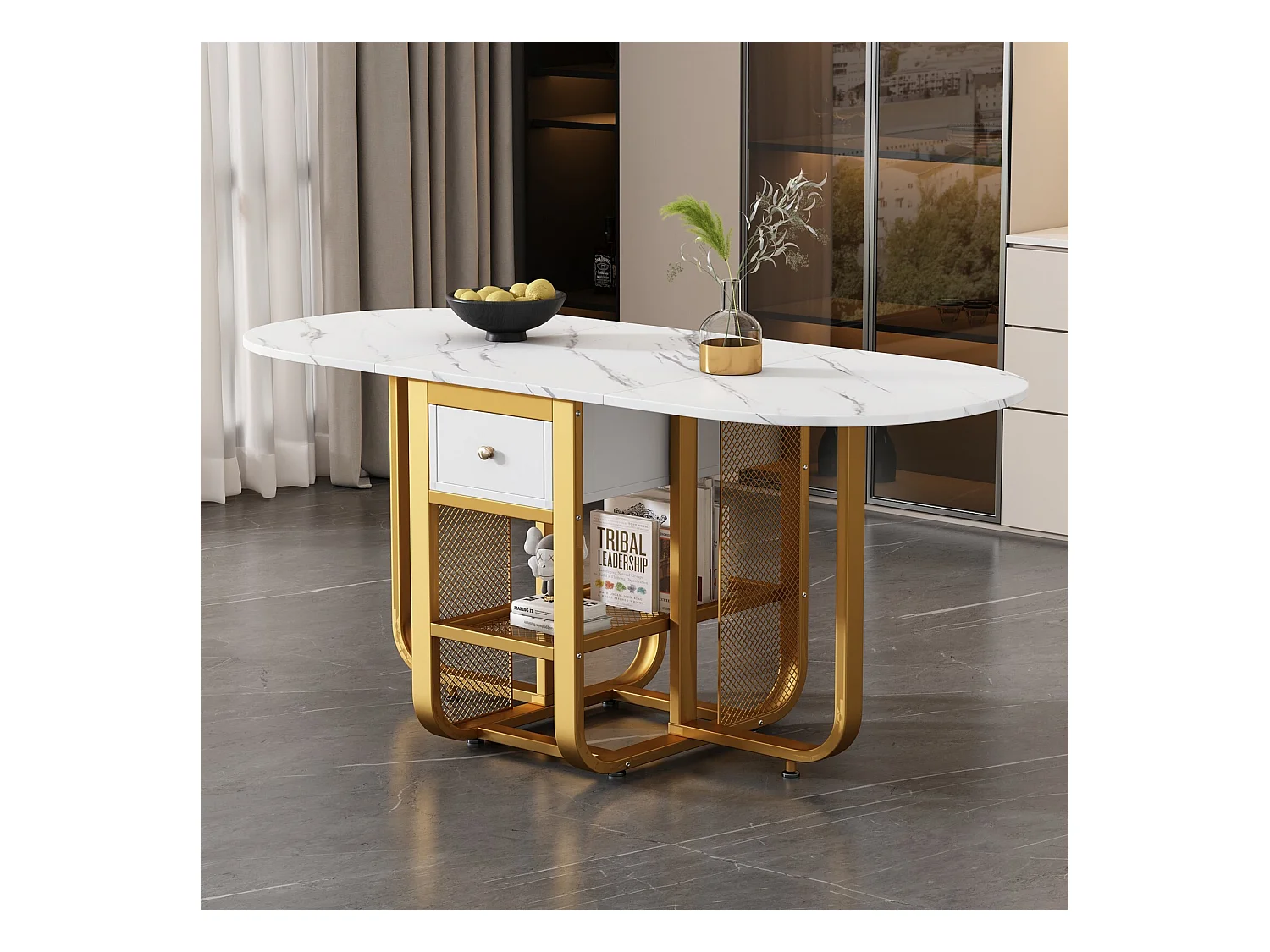 Table à manger extensible et pliable, avec tiroir et étagère, panneaux de particules, Blanc et Doré, 160x70x75cm