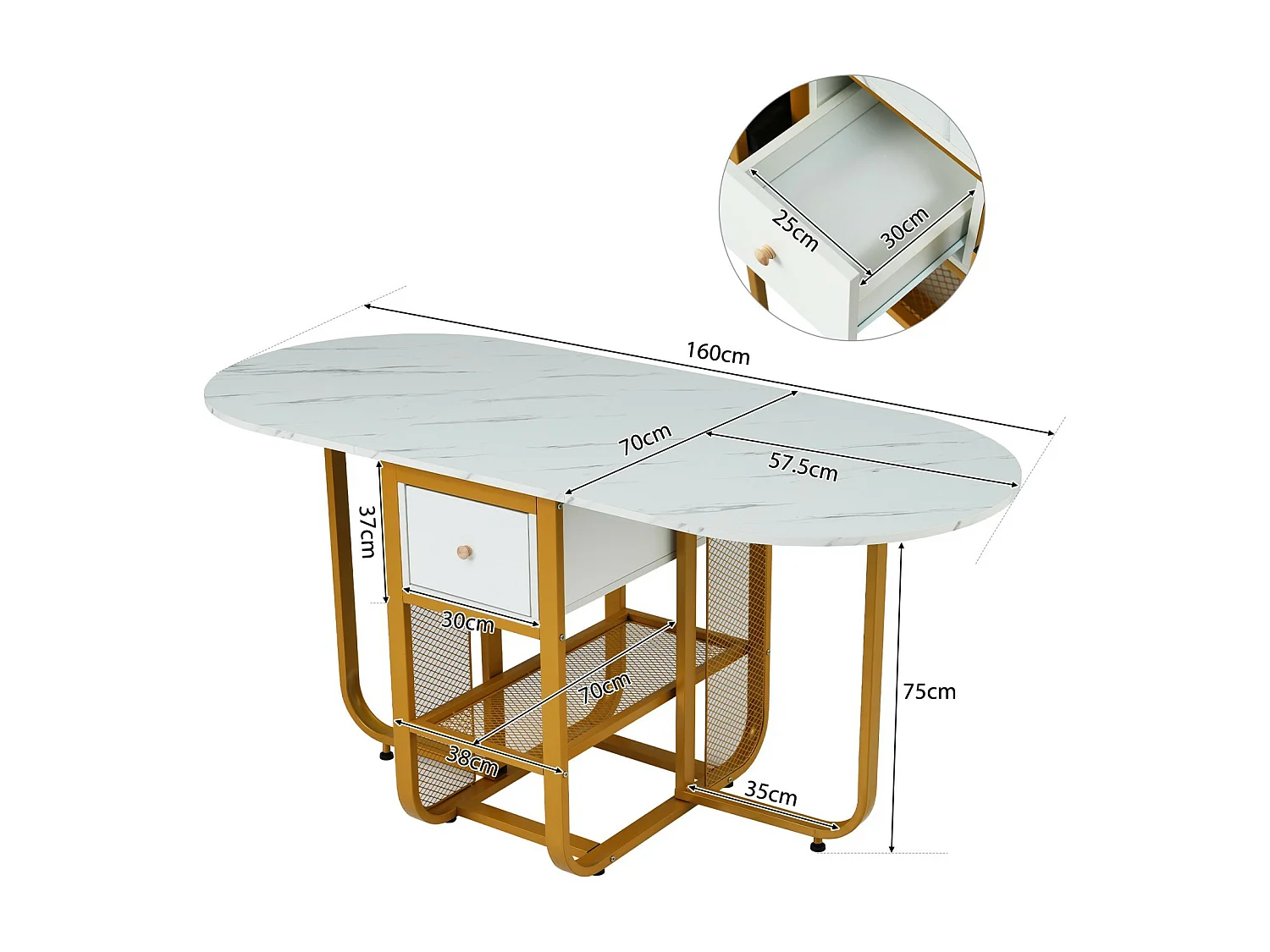 Table à manger extensible et pliable, avec tiroir et étagère, panneaux de particules, Blanc et Doré, 160x70x75cm