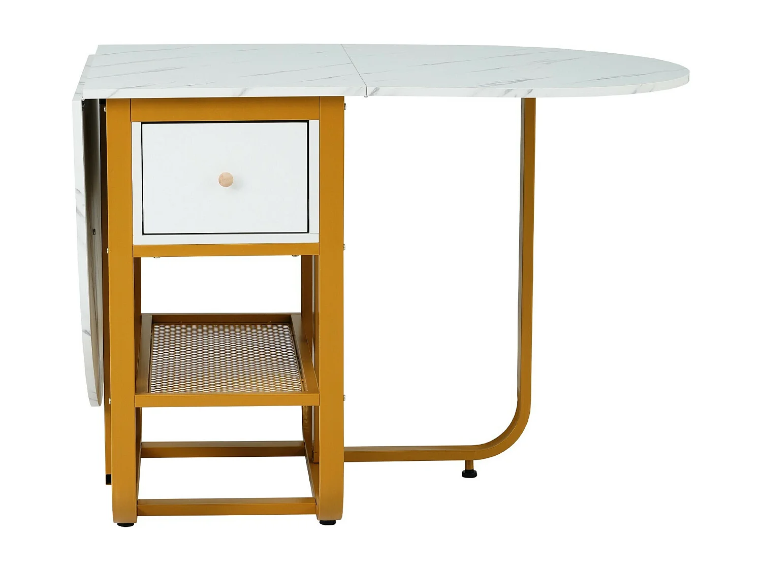 Table à manger extensible et pliable, avec tiroir et étagère, panneaux de particules, Blanc et Doré, 160x70x75cm