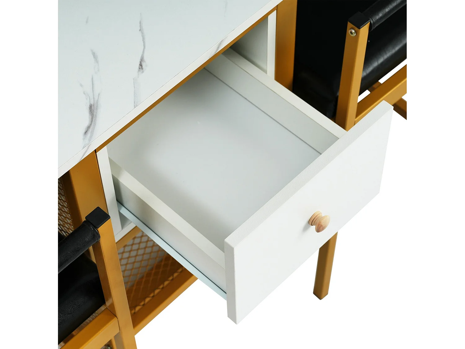 Table à manger extensible et pliable, avec tiroir et étagère, panneaux de particules, Blanc et Doré, 160x70x75cm