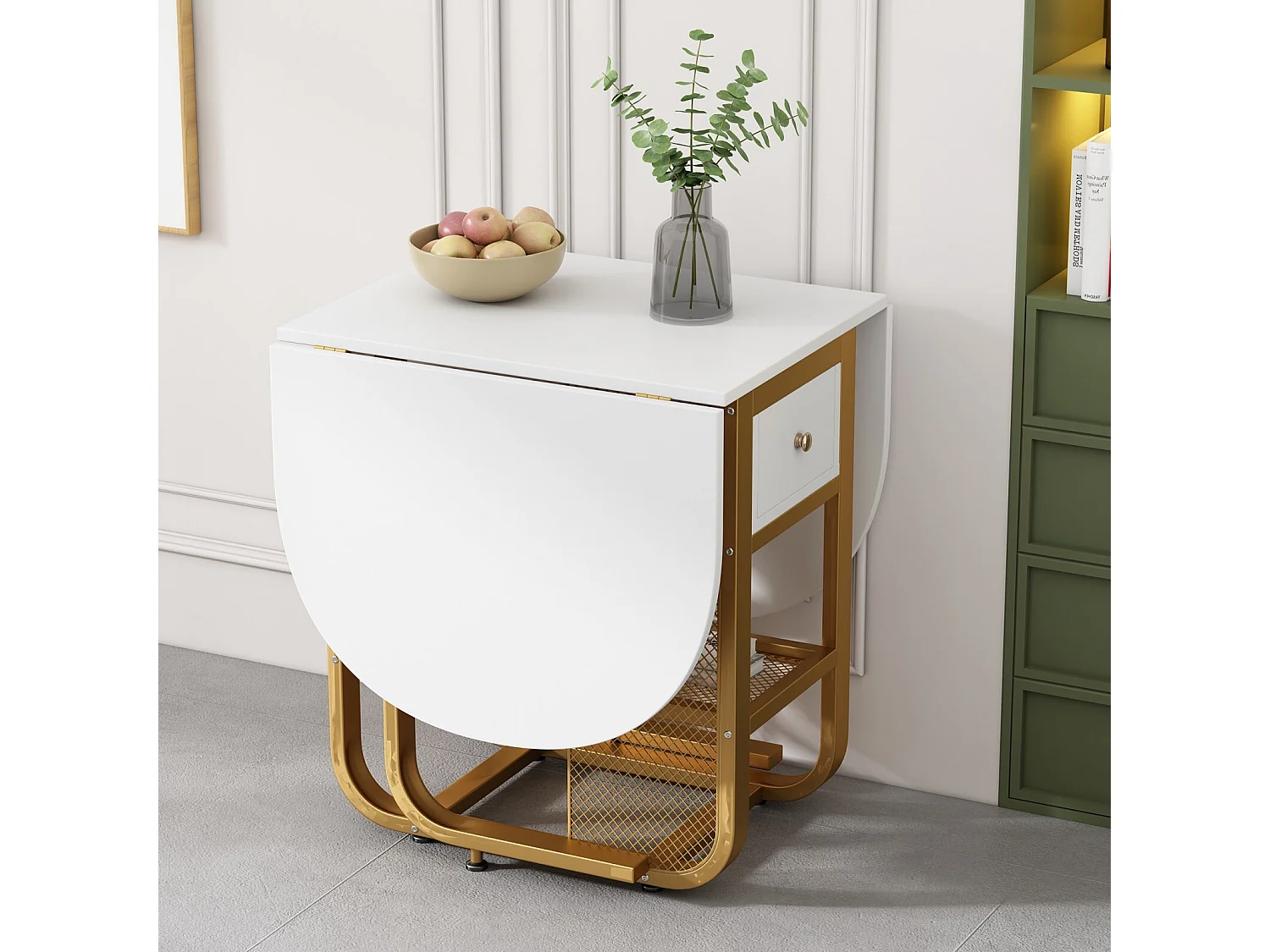 Table à manger extensible et pliable, avec tiroir et étagère, panneaux de particules, Blanc et Doré, 160x70x75cm