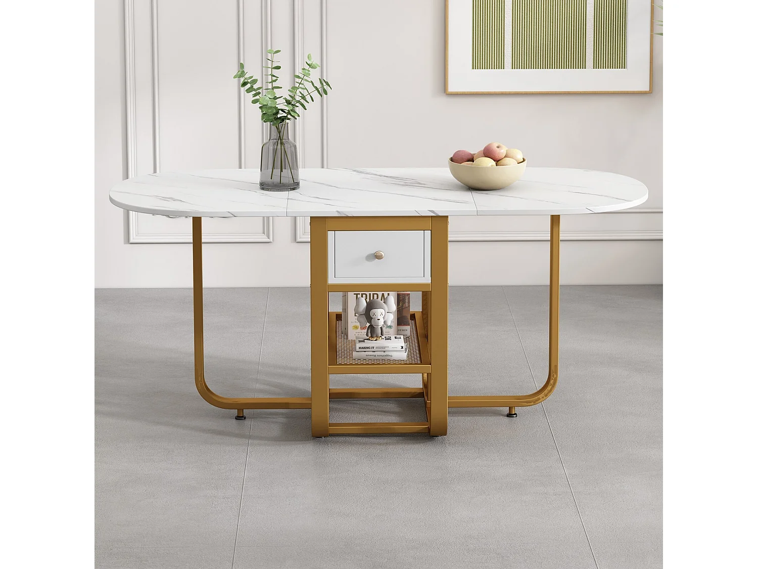 Table à manger extensible et pliable, avec tiroir et étagère, panneaux de particules, Blanc et Doré, 160x70x75cm