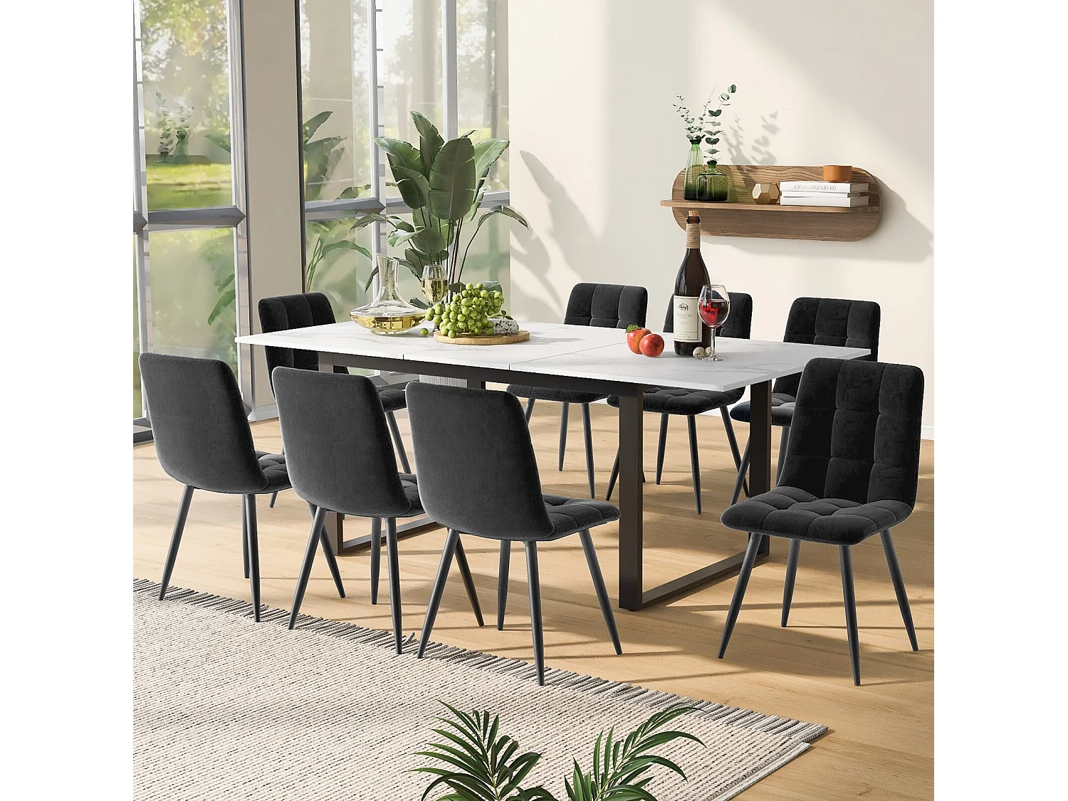 Tavolo da pranzo estendibile con 8 sedie in velluto grigio - MDF laccato bianco - 140/180 × 80 × 75 cm